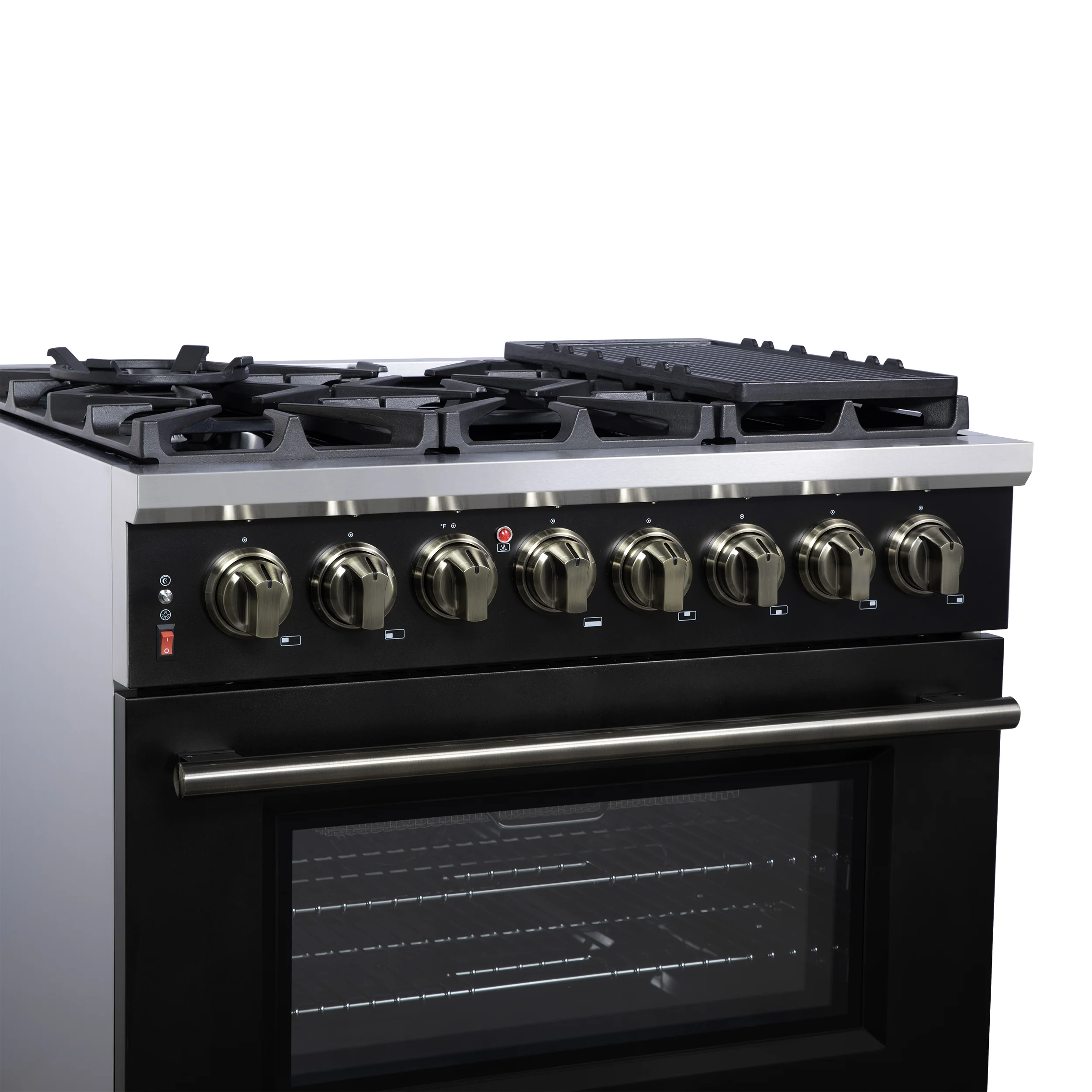 Forno Massimo 36 Inch Freestanding Dual Fuel Range in Black with Antique Brass Accessories, 6 Burners, 5.36 cu. ft. Convection Oven - Image 5