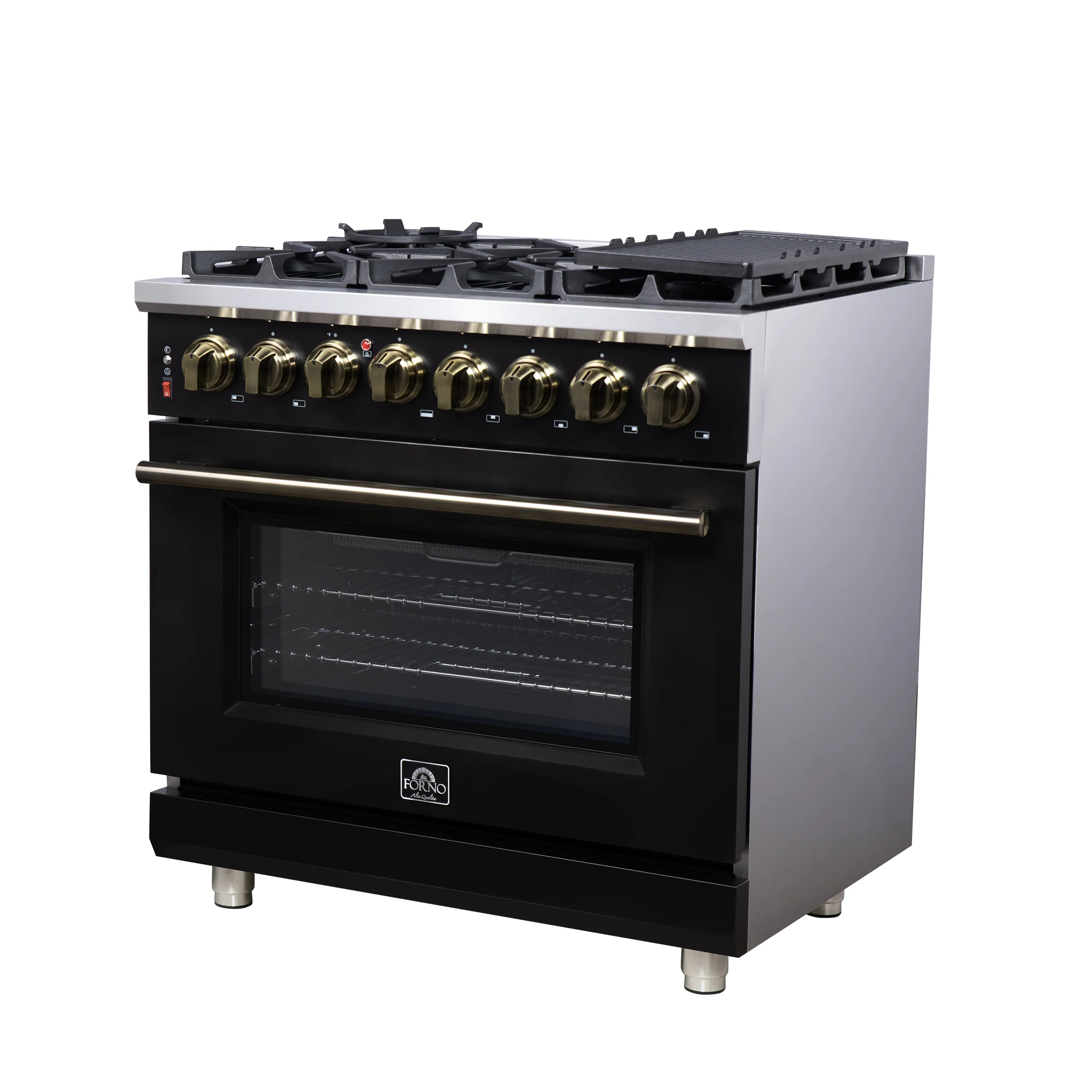 Forno Massimo 36 Inch Freestanding Dual Fuel Range in Black with Antique Brass Accessories, 6 Burners, 5.36 cu. ft. Convection Oven - Image 7