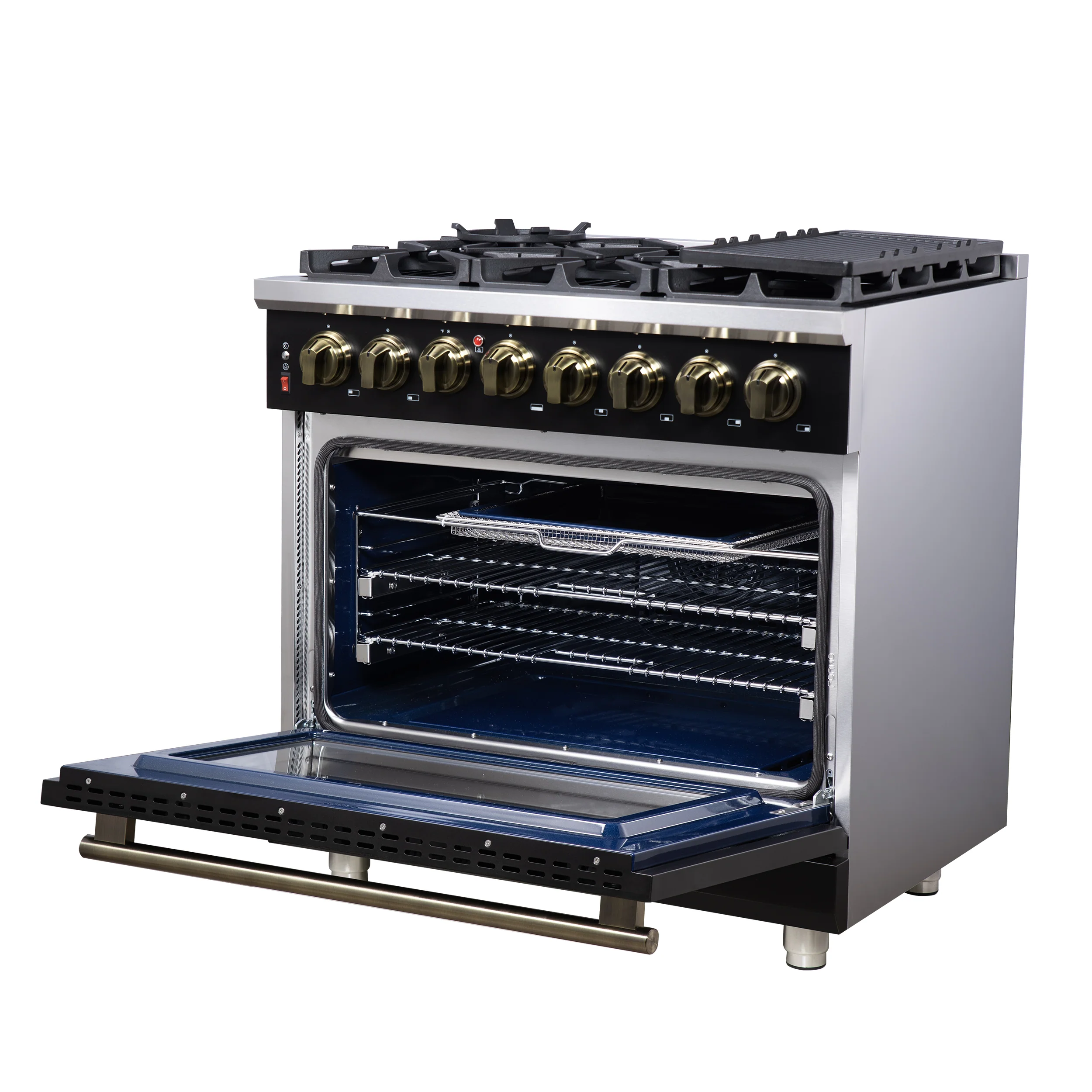 Forno Massimo 36 Inch Freestanding Dual Fuel Range in Black with Antique Brass Accessories, 6 Burners, 5.36 cu. ft. Convection Oven - Image 8