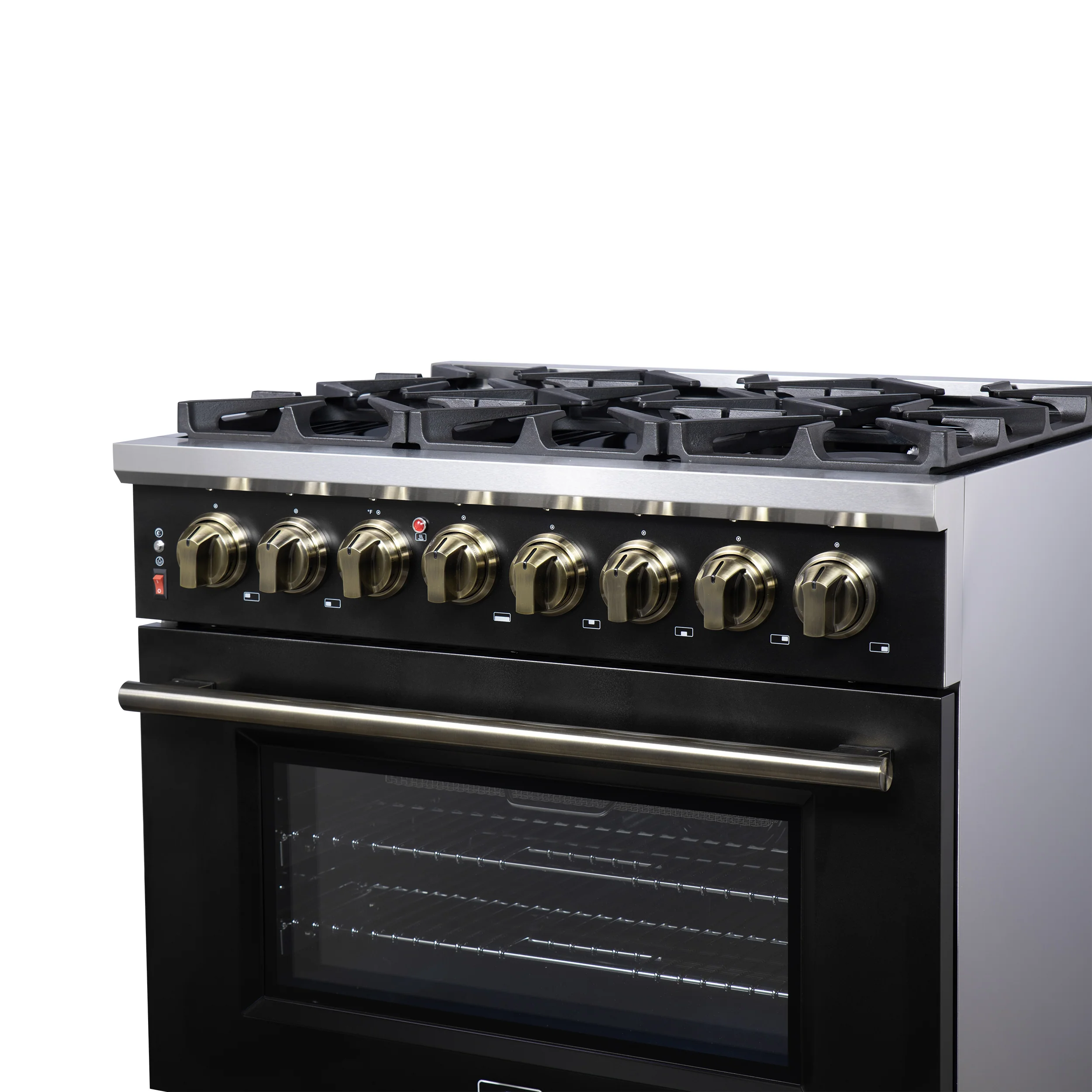 Forno Massimo 36 Inch Freestanding Dual Fuel Range in Black with Antique Brass Accessories, 6 Burners, 5.36 cu. ft. Convection Oven - Image 9