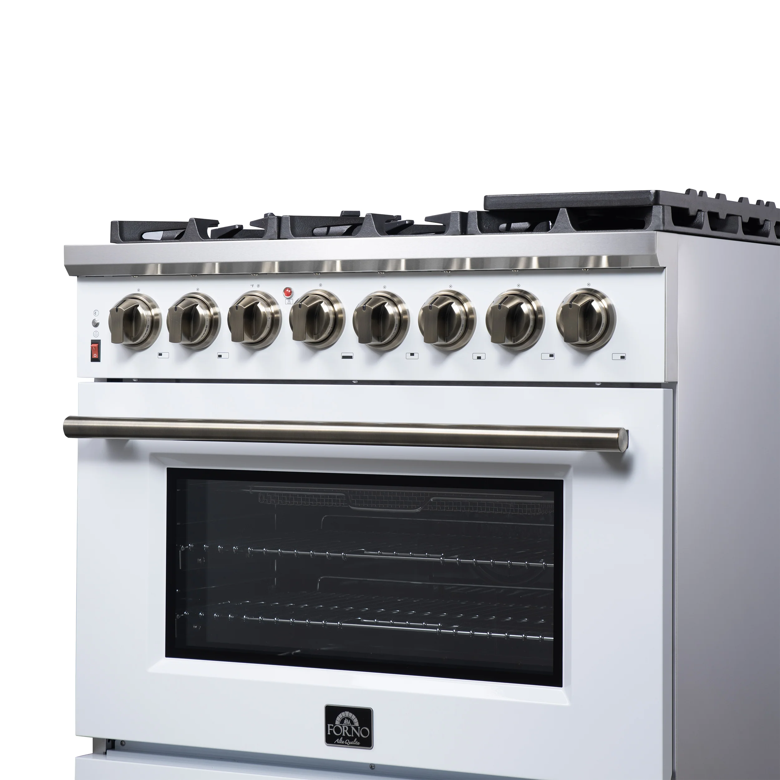 Forno Massimo 36 Inch Freestanding Dual Fuel Range in White with Antique Brass Accessories, 6 Burners, 5.36 cu. ft. Convection Oven - Image 10