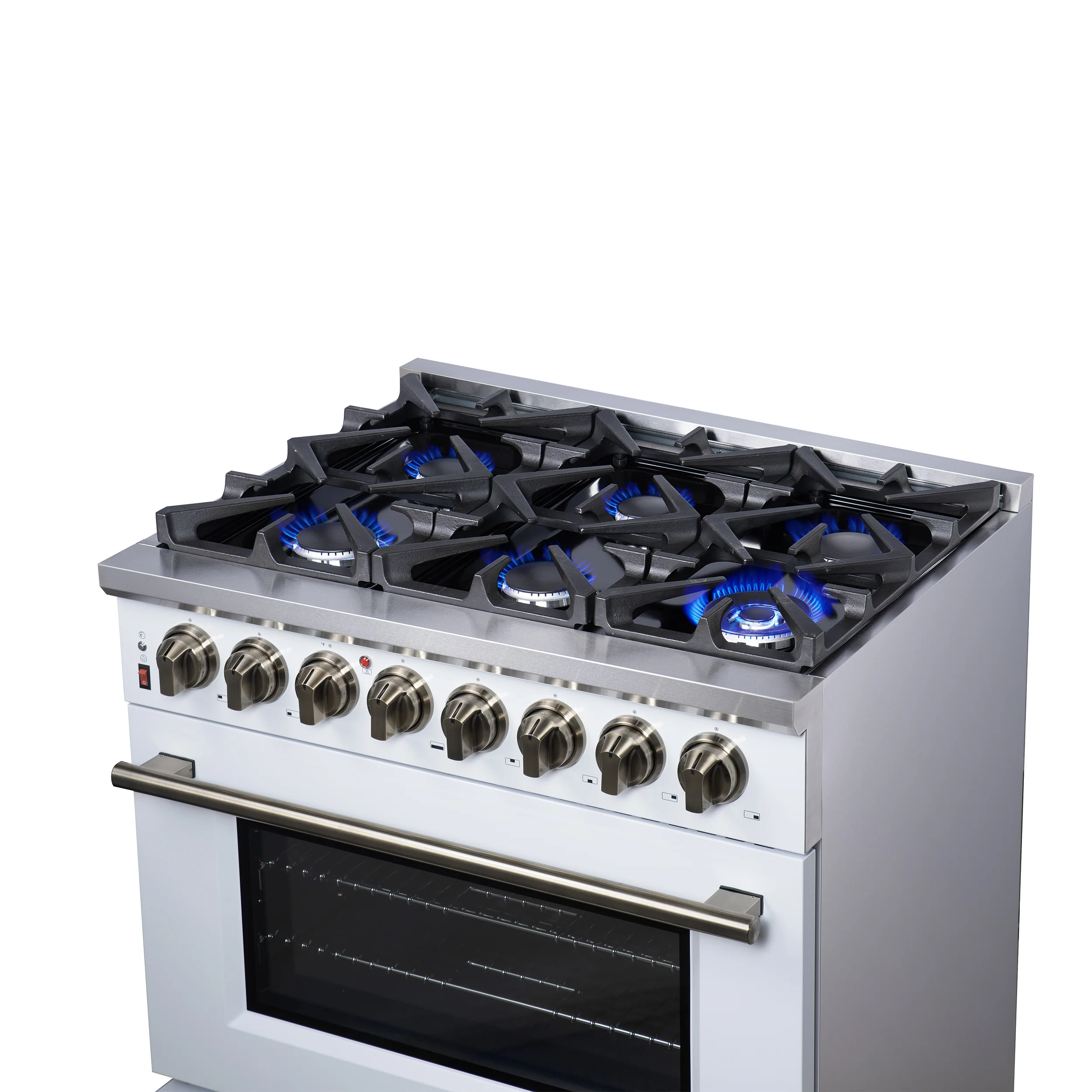Forno Massimo 36 Inch Freestanding Dual Fuel Range in White with Antique Brass Accessories, 6 Burners, 5.36 cu. ft. Convection Oven - Image 13