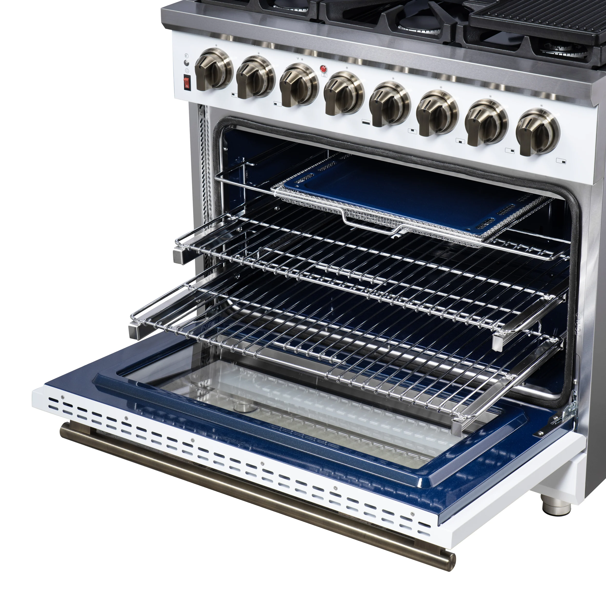 Forno Massimo 36 Inch Freestanding Dual Fuel Range in White with Antique Brass Accessories, 6 Burners, 5.36 cu. ft. Convection Oven - Image 14