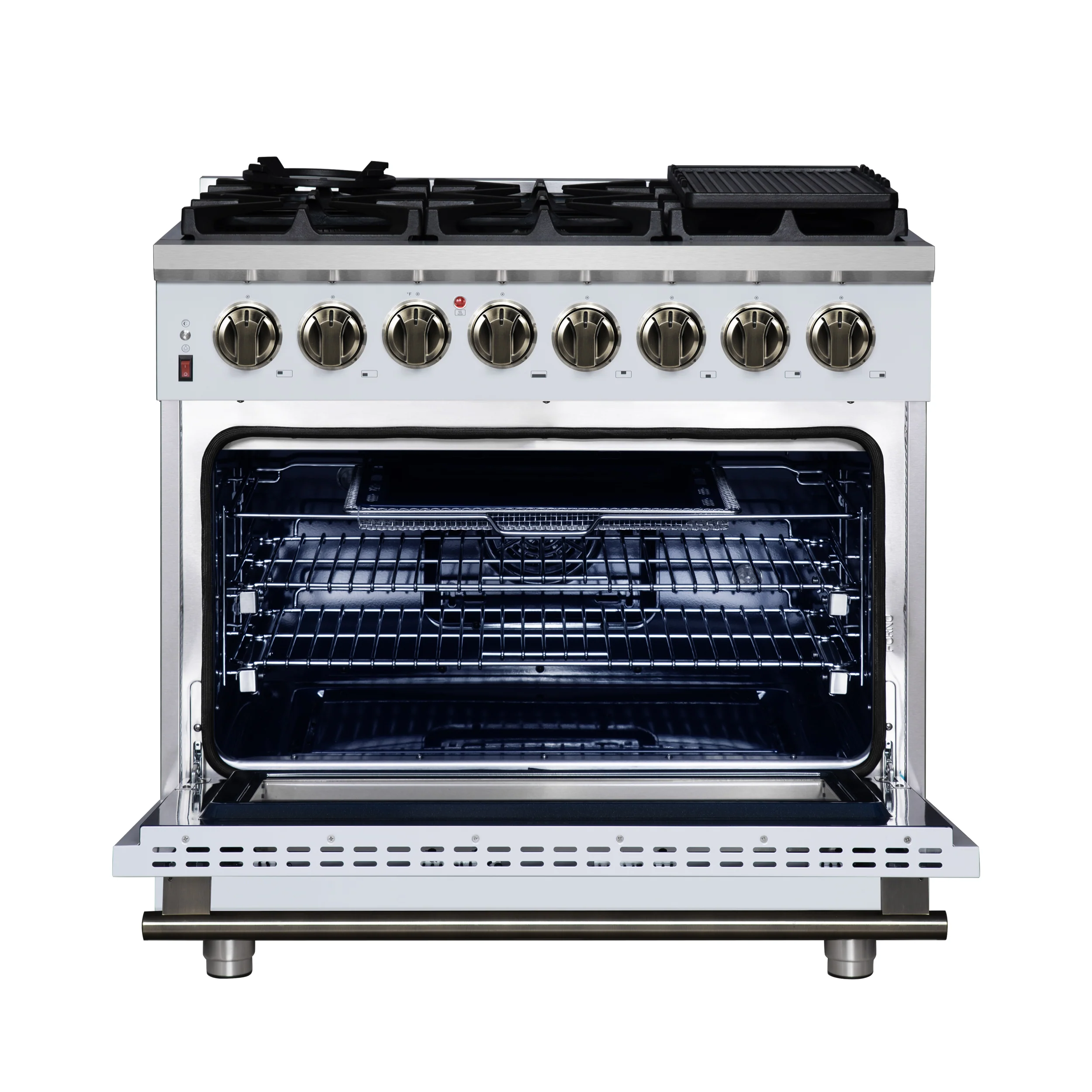 Forno Massimo 36 Inch Freestanding Dual Fuel Range in White with Antique Brass Accessories, 6 Burners, 5.36 cu. ft. Convection Oven - Image 2
