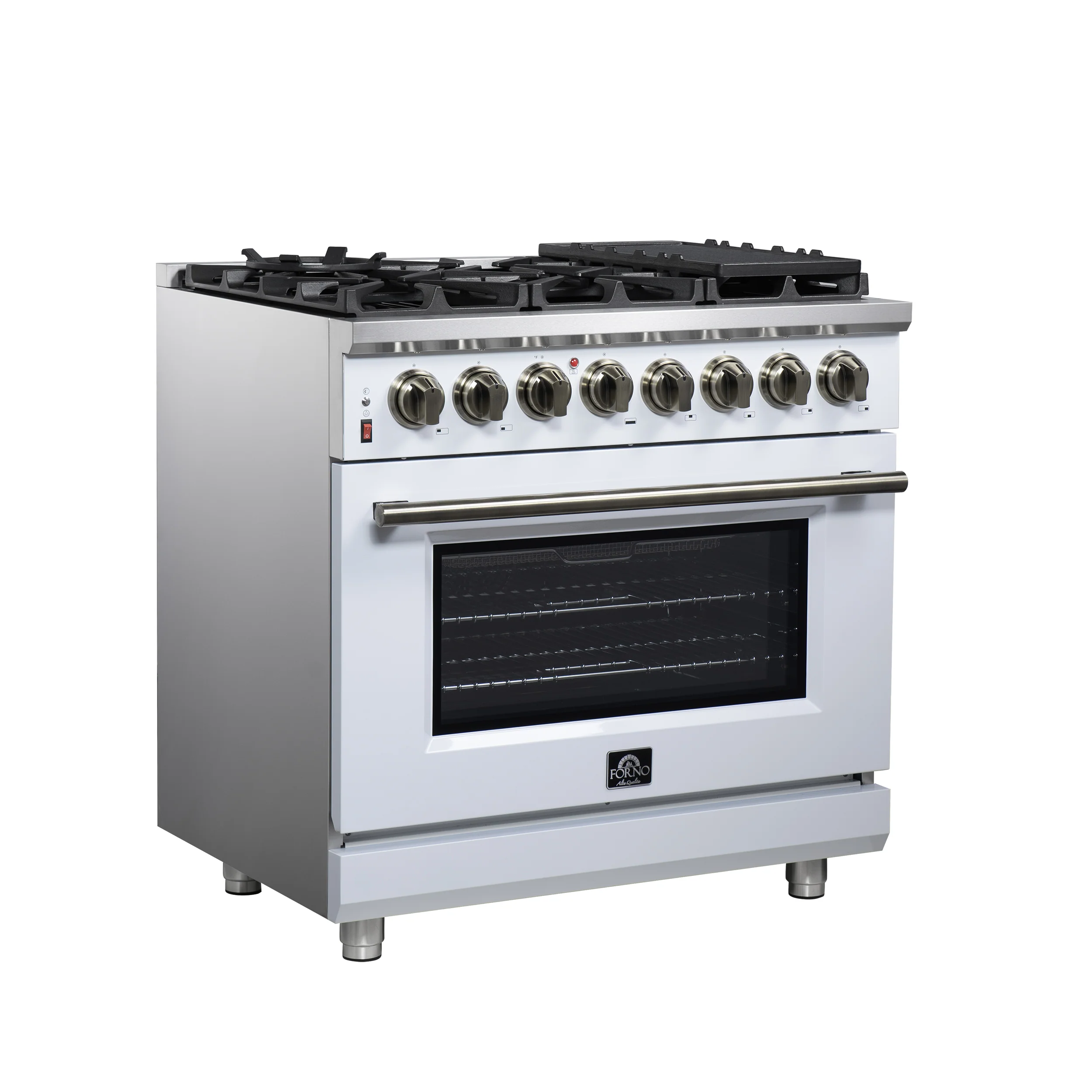 Forno Massimo 36 Inch Freestanding Dual Fuel Range in White with Antique Brass Accessories, 6 Burners, 5.36 cu. ft. Convection Oven - Image 3