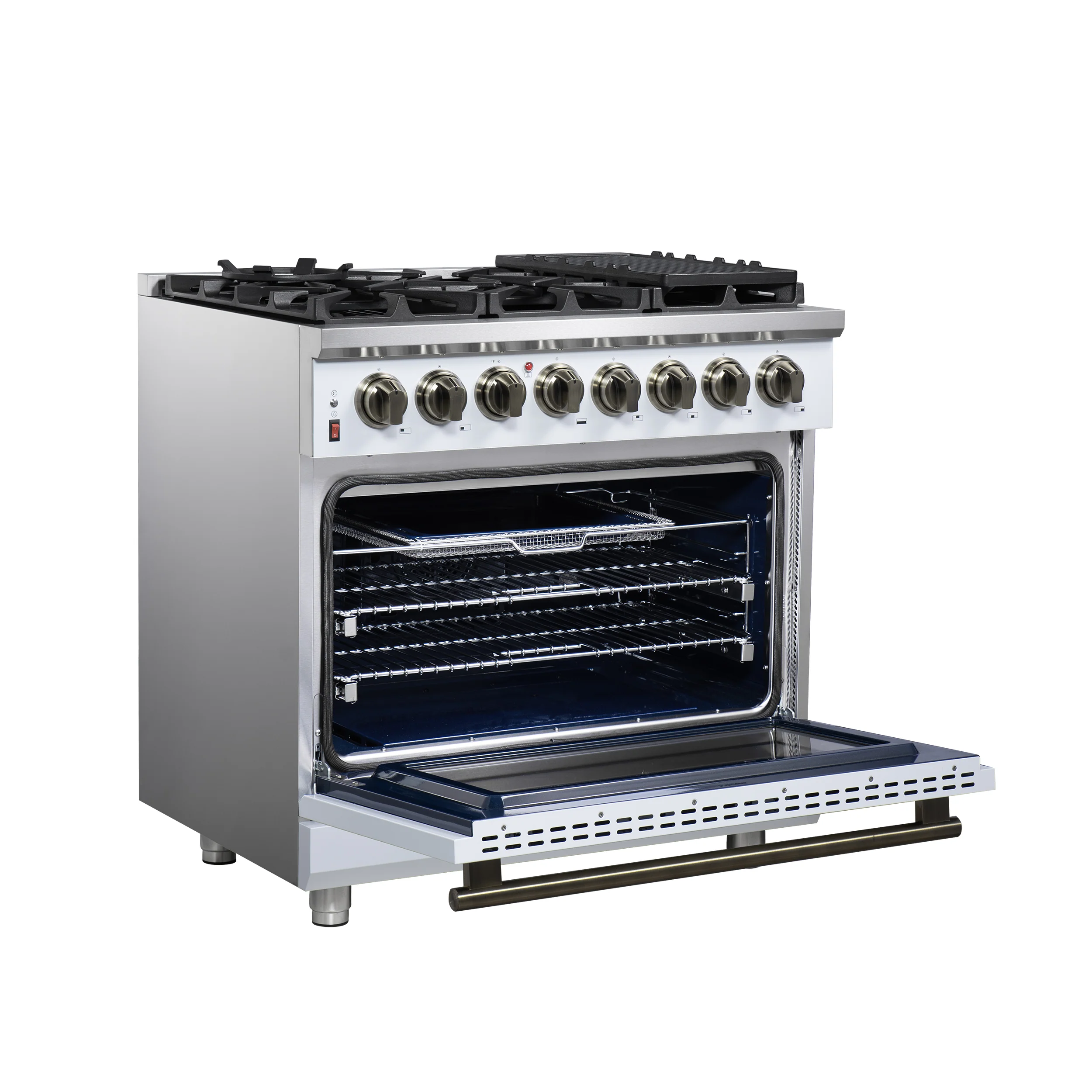 Forno Massimo 36 Inch Freestanding Dual Fuel Range in White with Antique Brass Accessories, 6 Burners, 5.36 cu. ft. Convection Oven - Image 4