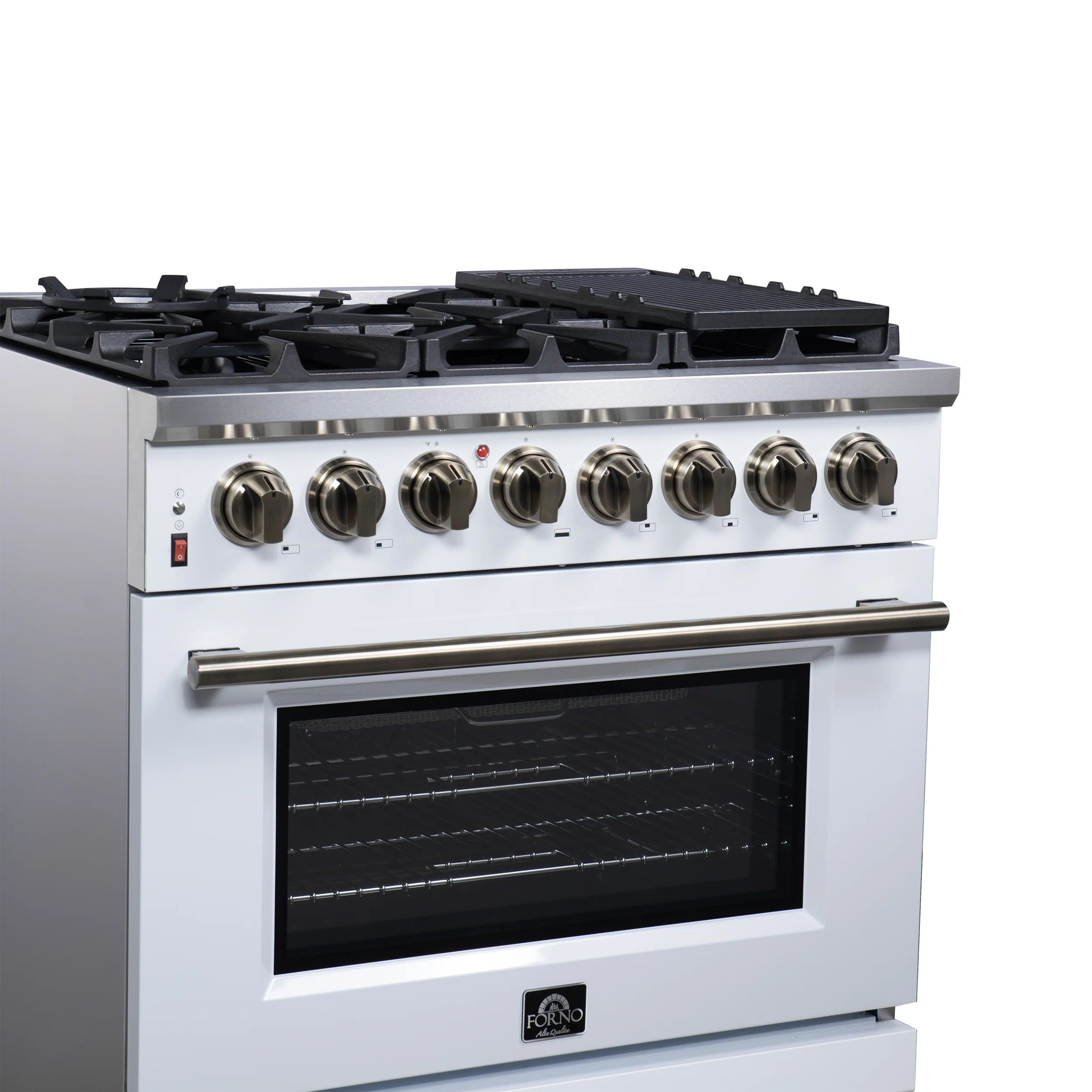Forno Massimo 36 Inch Freestanding Dual Fuel Range in White with Antique Brass Accessories, 6 Burners, 5.36 cu. ft. Convection Oven - Image 5