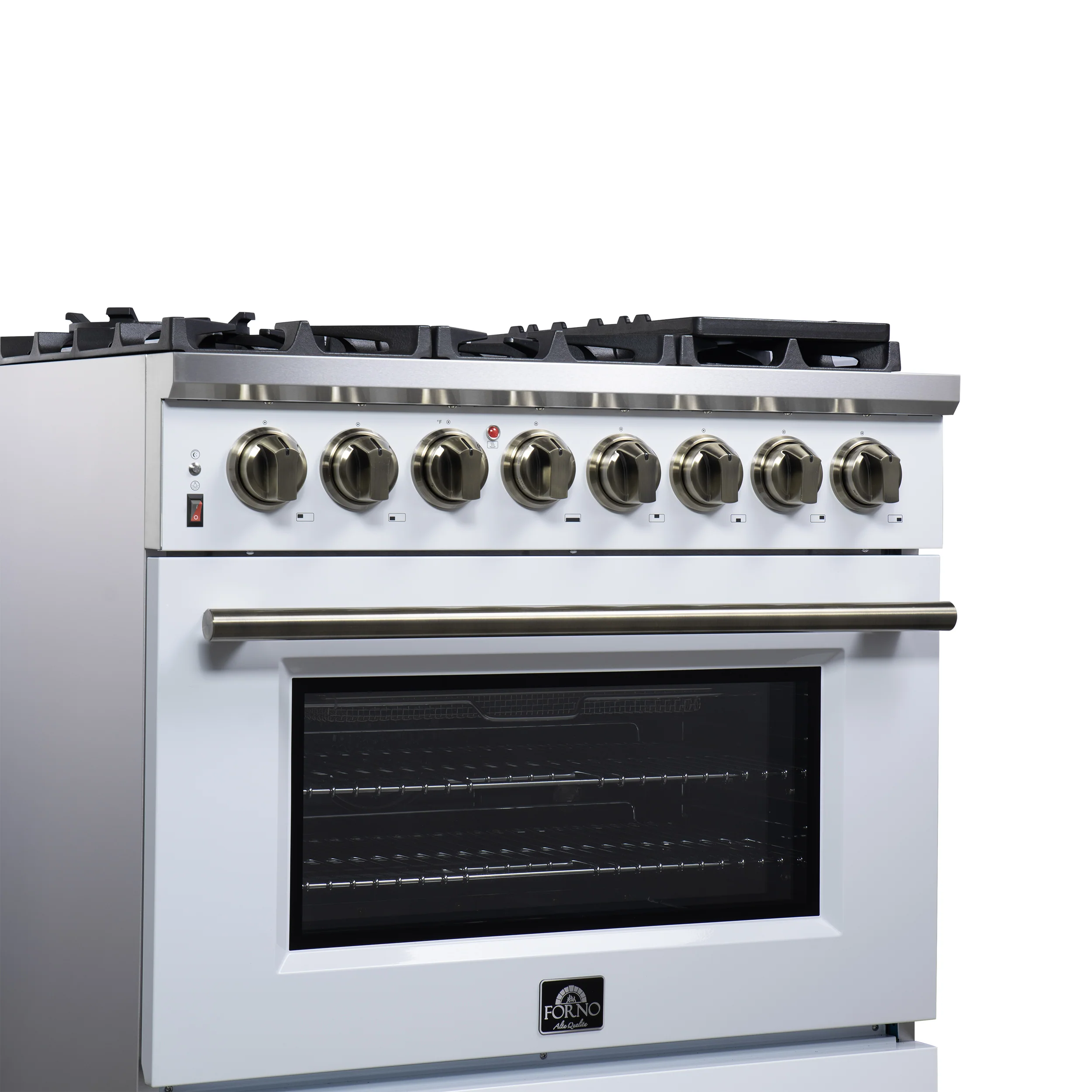 Forno Massimo 36 Inch Freestanding Dual Fuel Range in White with Antique Brass Accessories, 6 Burners, 5.36 cu. ft. Convection Oven - Image 6