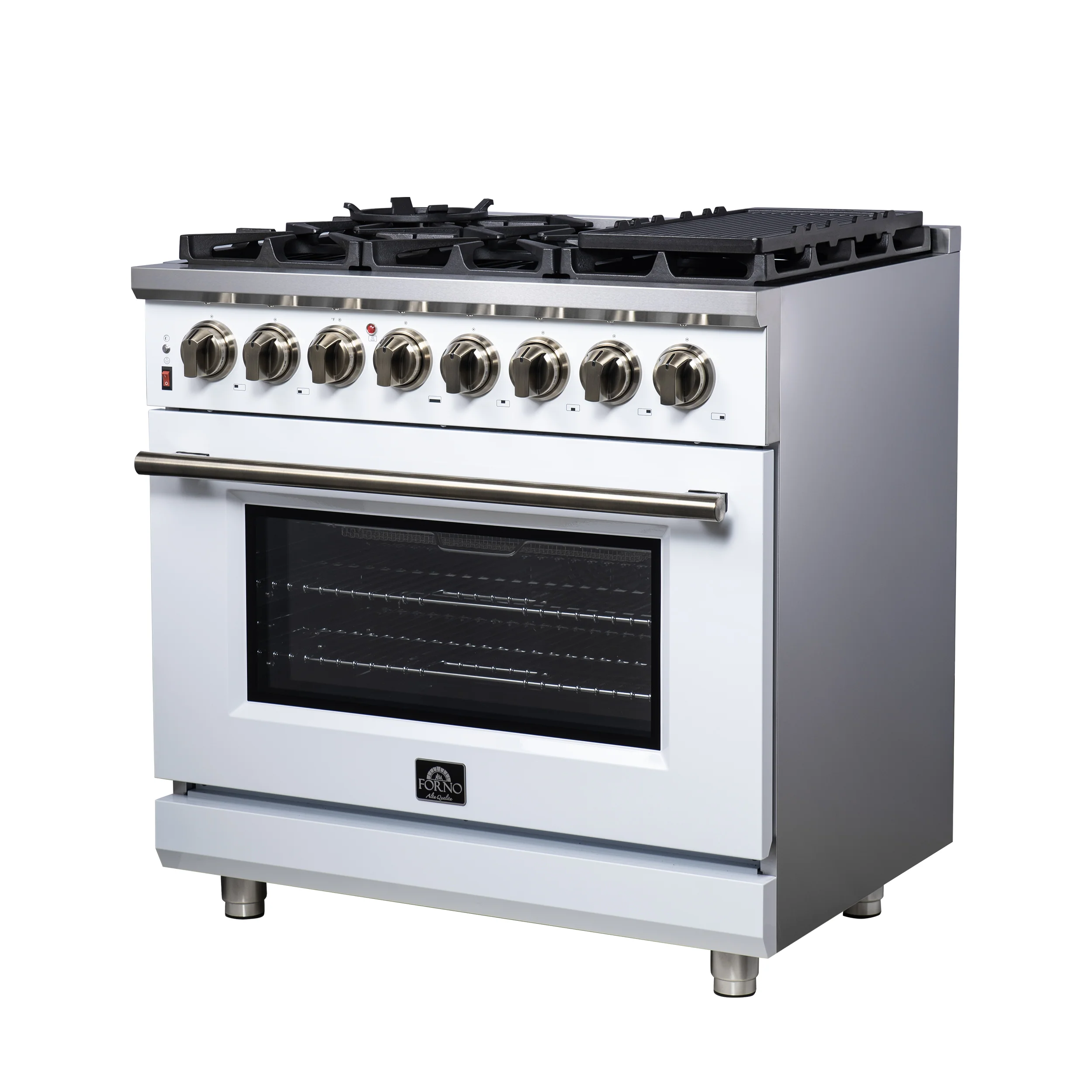 Forno Massimo 36 Inch Freestanding Dual Fuel Range in White with Antique Brass Accessories, 6 Burners, 5.36 cu. ft. Convection Oven - Image 7