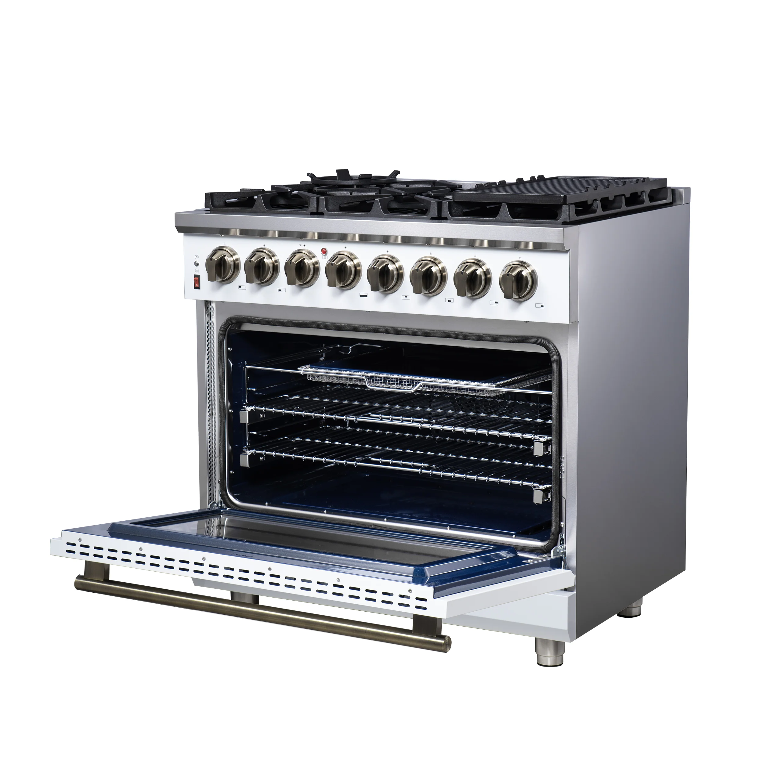 Forno Massimo 36 Inch Freestanding Dual Fuel Range in White with Antique Brass Accessories, 6 Burners, 5.36 cu. ft. Convection Oven - Image 8