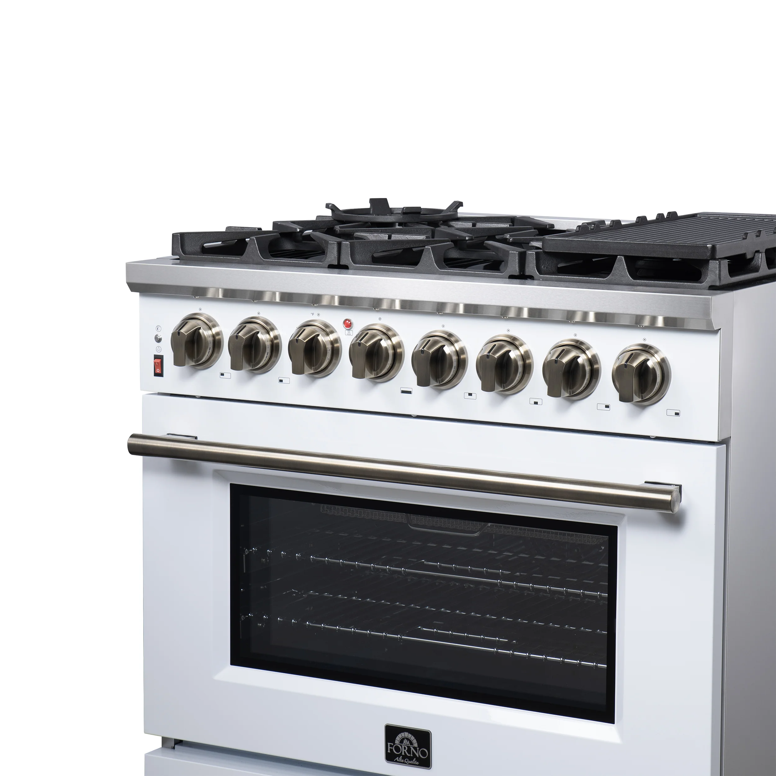 Forno Massimo 36 Inch Freestanding Dual Fuel Range in White with Antique Brass Accessories, 6 Burners, 5.36 cu. ft. Convection Oven - Image 9