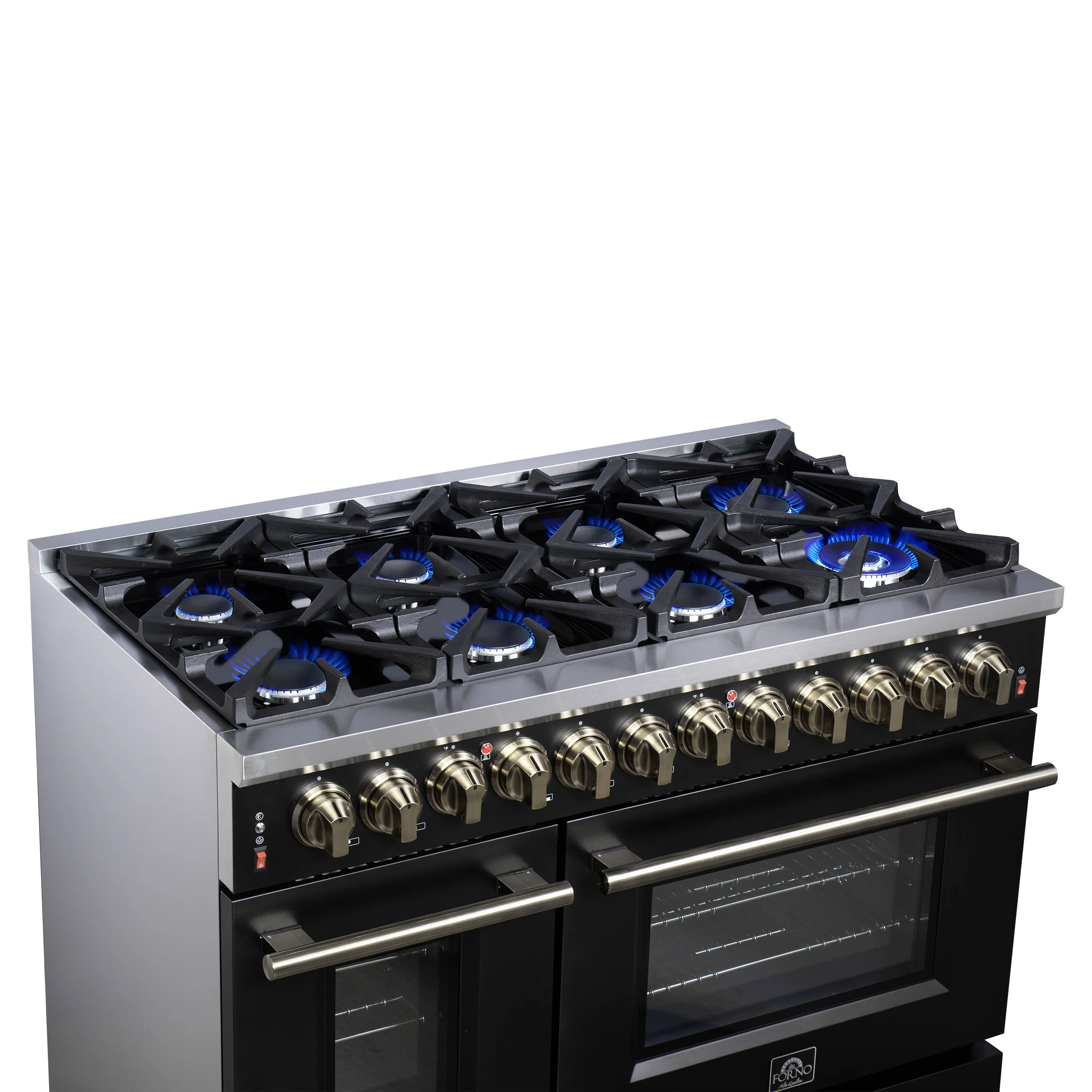 Forno Massimo 48 Inch Freestanding Dual Fuel Range in Black with Antique Brass Accessories, 8 Burners, 6.58 cu. ft. Convection Oven - Image 11