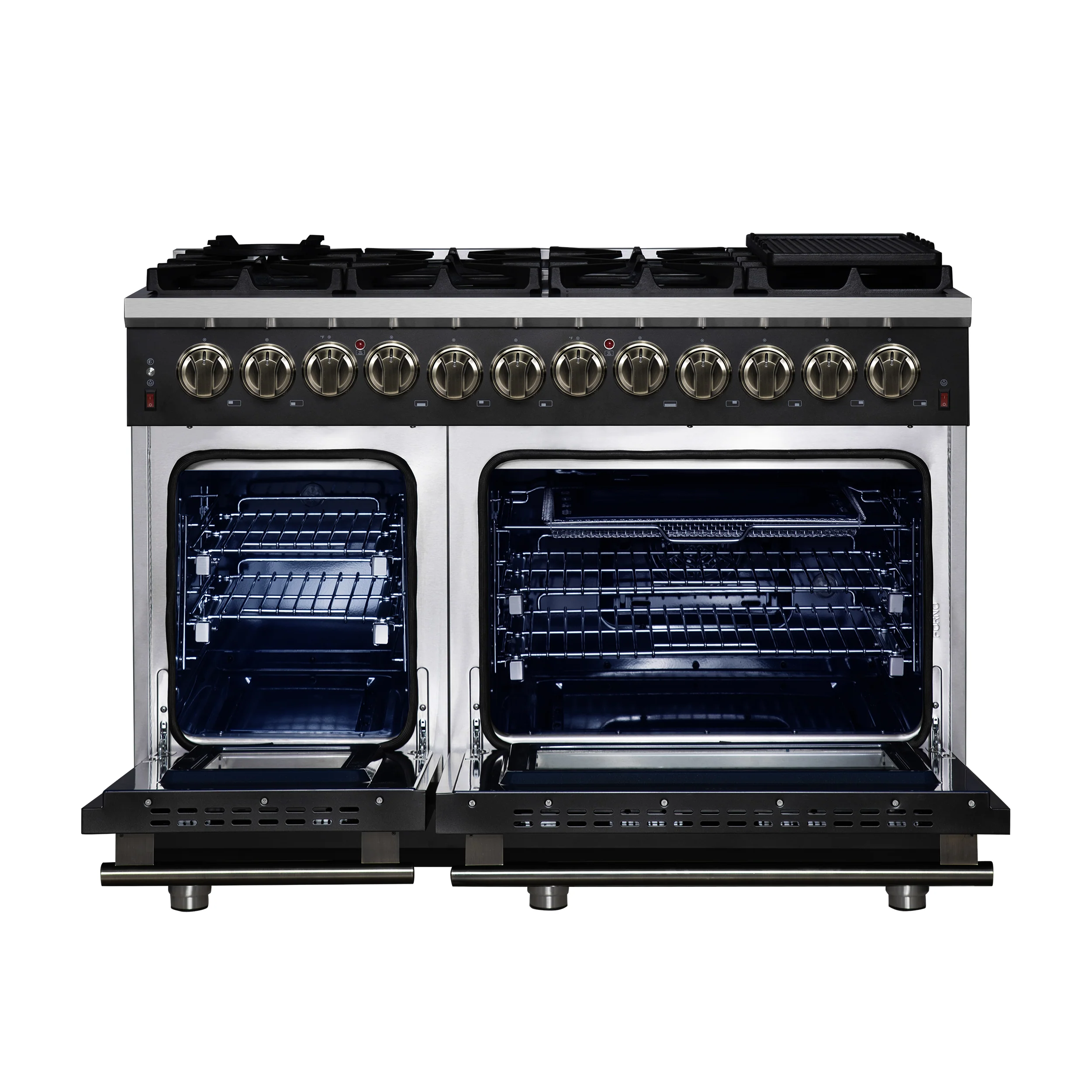 Forno Massimo 48 Inch Freestanding Dual Fuel Range in Black with Antique Brass Accessories, 8 Burners, 6.58 cu. ft. Convection Oven - Image 2