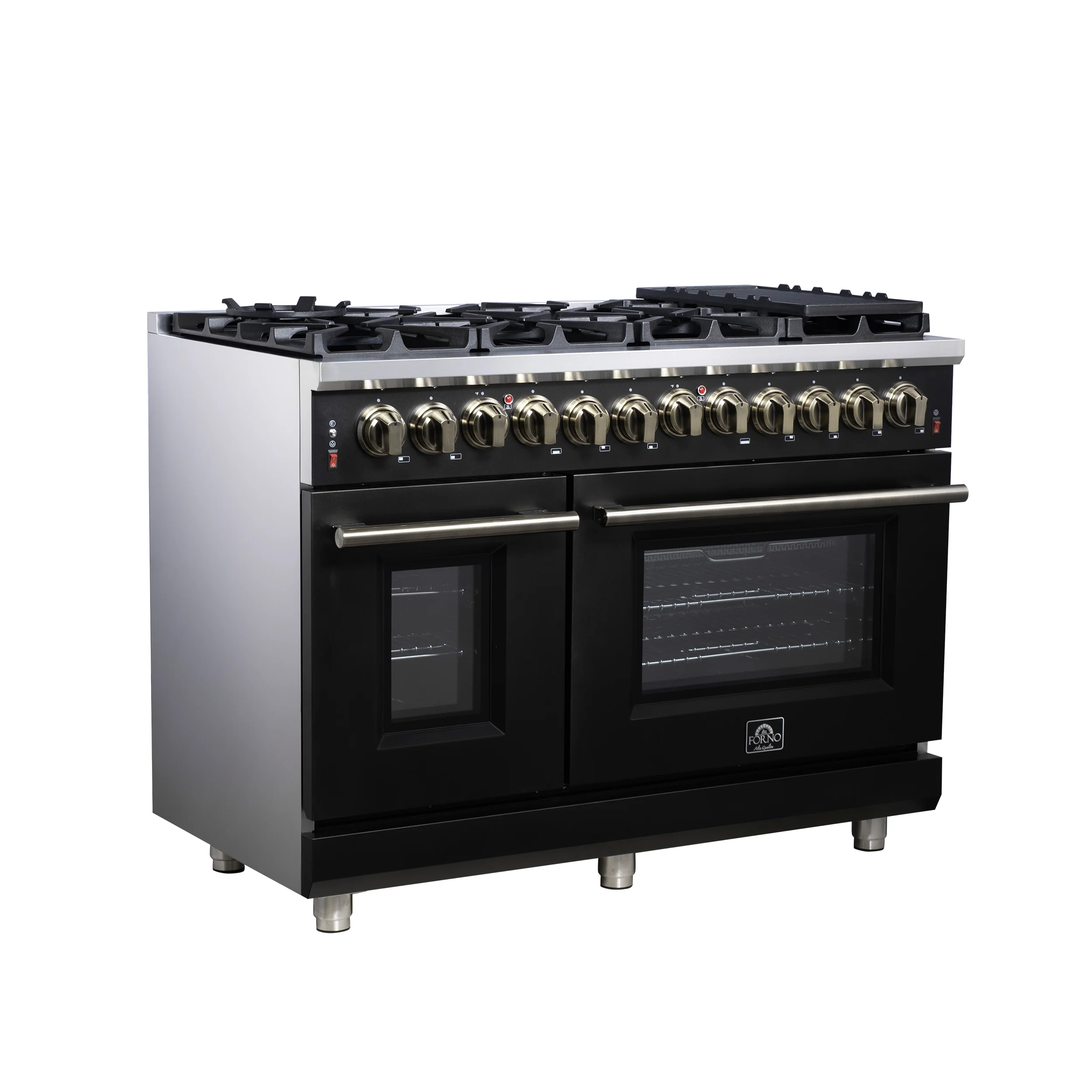 Forno Massimo 48 Inch Freestanding Dual Fuel Range in Black with Antique Brass Accessories, 8 Burners, 6.58 cu. ft. Convection Oven - Image 3