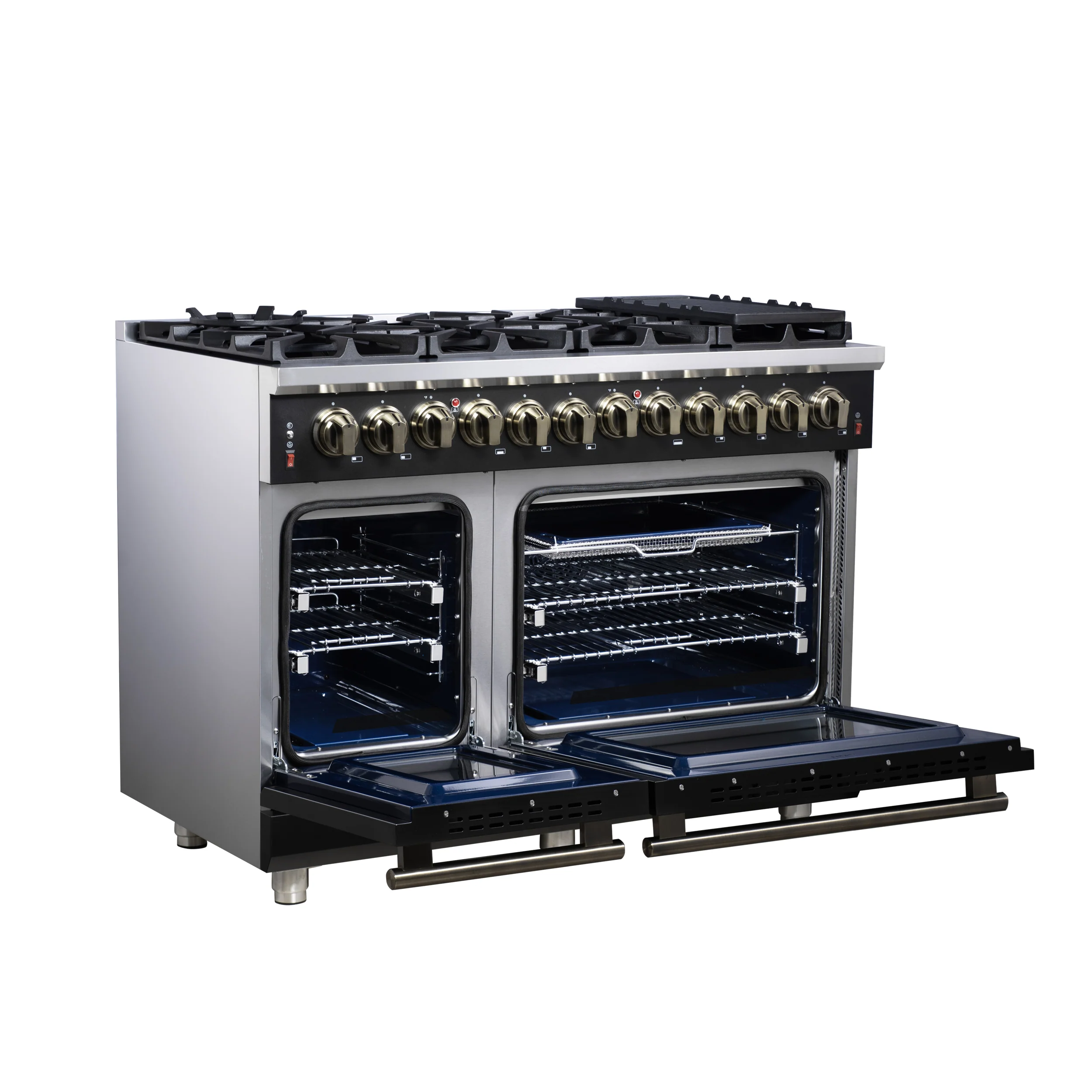 Forno Massimo 48 Inch Freestanding Dual Fuel Range in Black with Antique Brass Accessories, 8 Burners, 6.58 cu. ft. Convection Oven - Image 4
