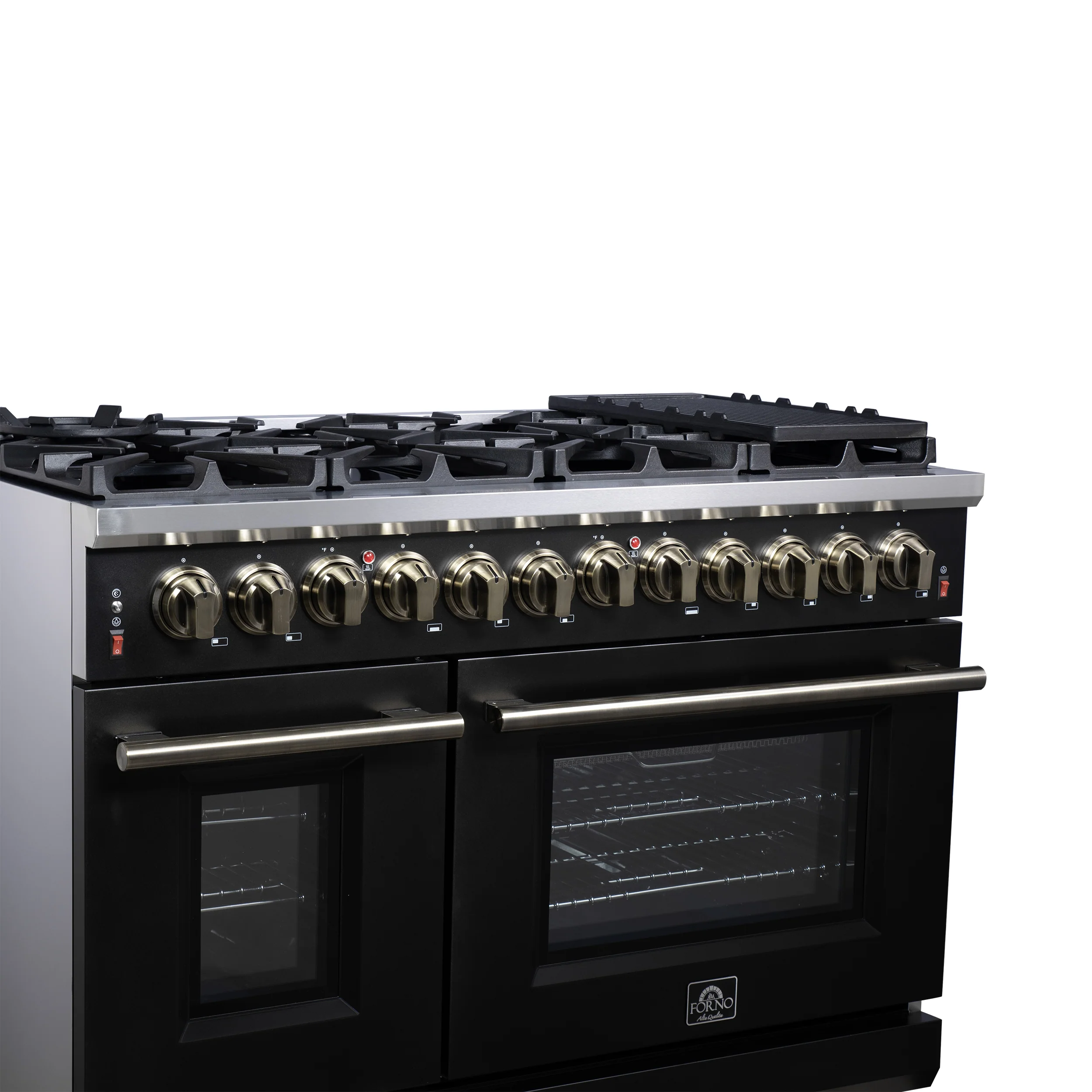 Forno Massimo 48 Inch Freestanding Dual Fuel Range in Black with Antique Brass Accessories, 8 Burners, 6.58 cu. ft. Convection Oven - Image 5