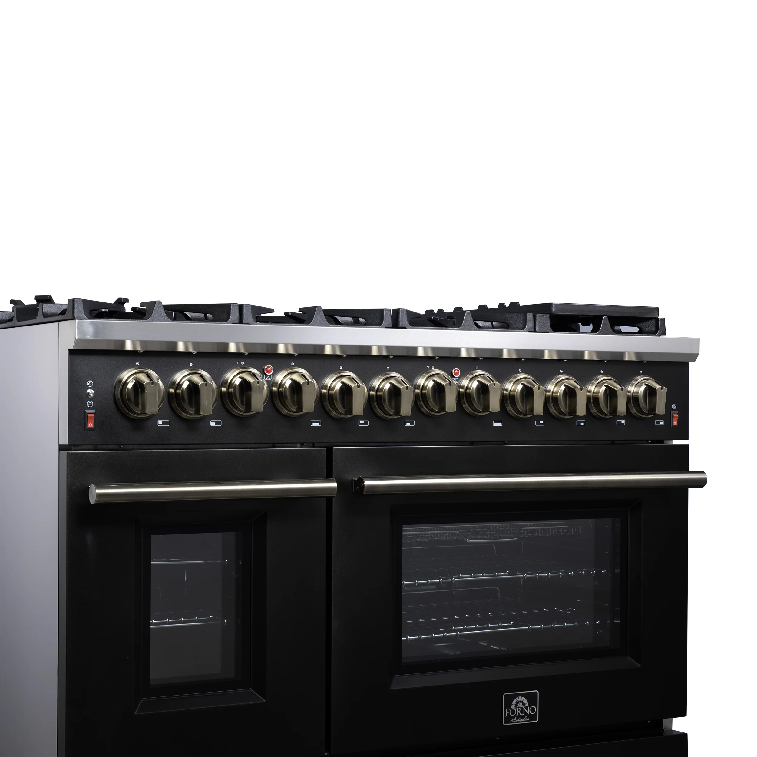 Forno Massimo 48 Inch Freestanding Dual Fuel Range in Black with Antique Brass Accessories, 8 Burners, 6.58 cu. ft. Convection Oven - Image 6