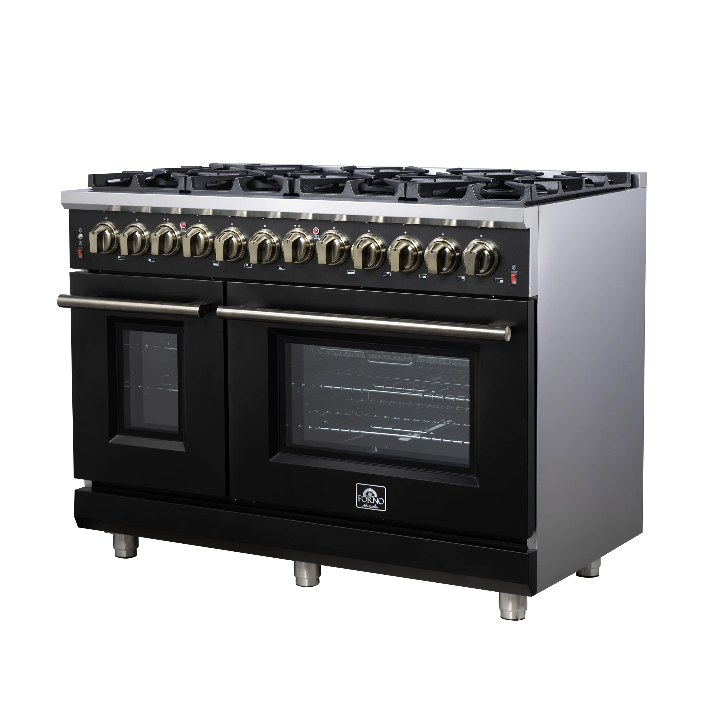 Forno Massimo 48 Inch Freestanding Dual Fuel Range in Black with Antique Brass Accessories, 8 Burners, 6.58 cu. ft. Convection Oven - Image 7