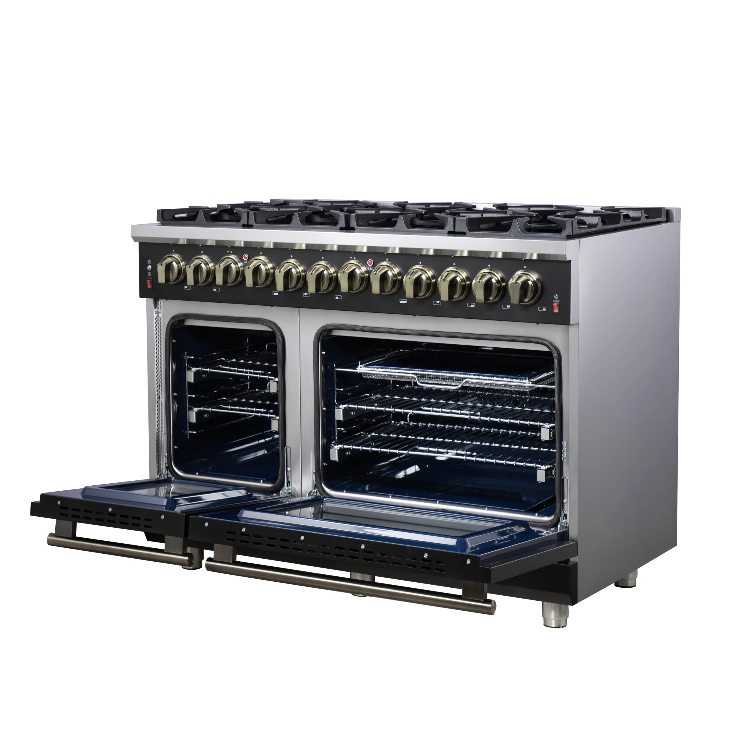 Forno Massimo 48 Inch Freestanding Dual Fuel Range in Black with Antique Brass Accessories, 8 Burners, 6.58 cu. ft. Convection Oven - Image 8