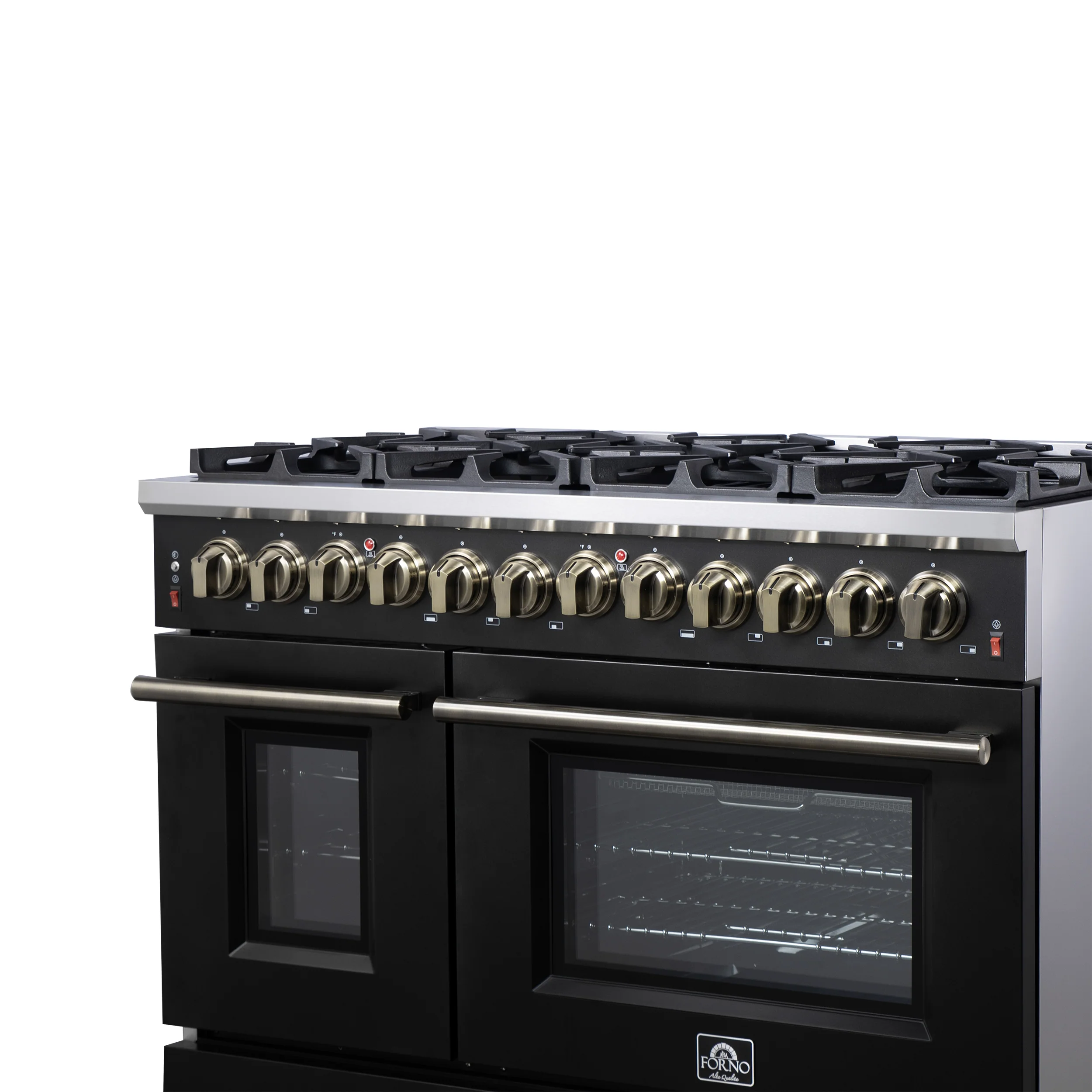 Forno Massimo 48 Inch Freestanding Dual Fuel Range in Black with Antique Brass Accessories, 8 Burners, 6.58 cu. ft. Convection Oven - Image 9