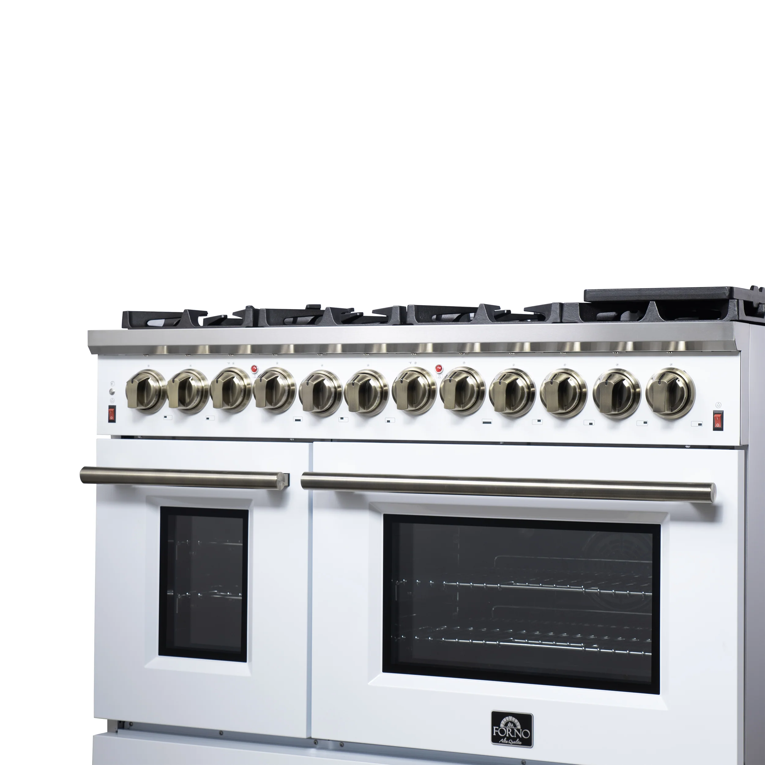 Forno Massimo 48 Inch Freestanding Dual Fuel Range in White with Antique Brass Accessories, 8 Burners, 6.58 cu. ft. Convection Oven - Image 10