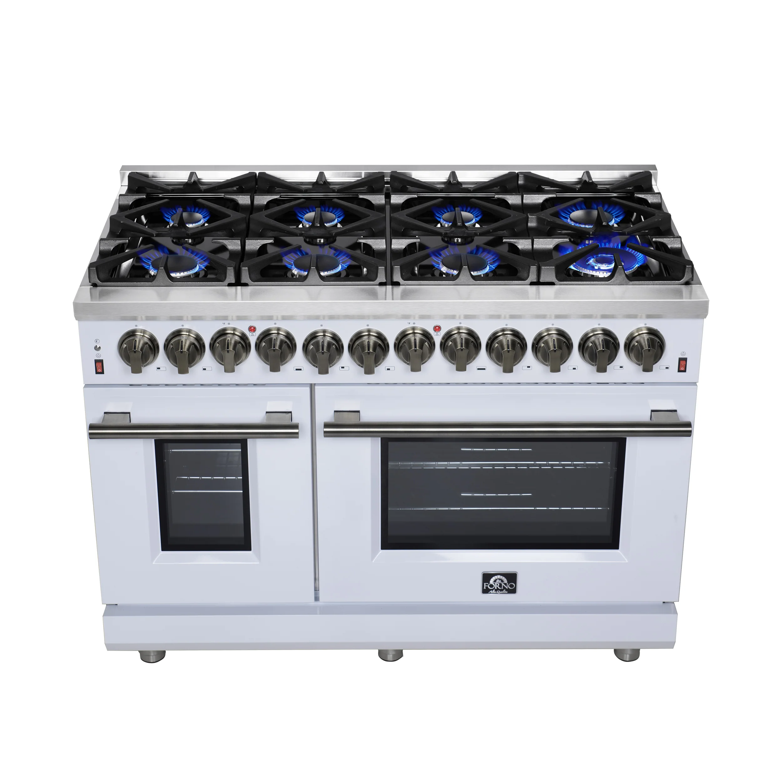 Forno Massimo 48 Inch Freestanding Dual Fuel Range in White with Antique Brass Accessories, 8 Burners, 6.58 cu. ft. Convection Oven - Image 11