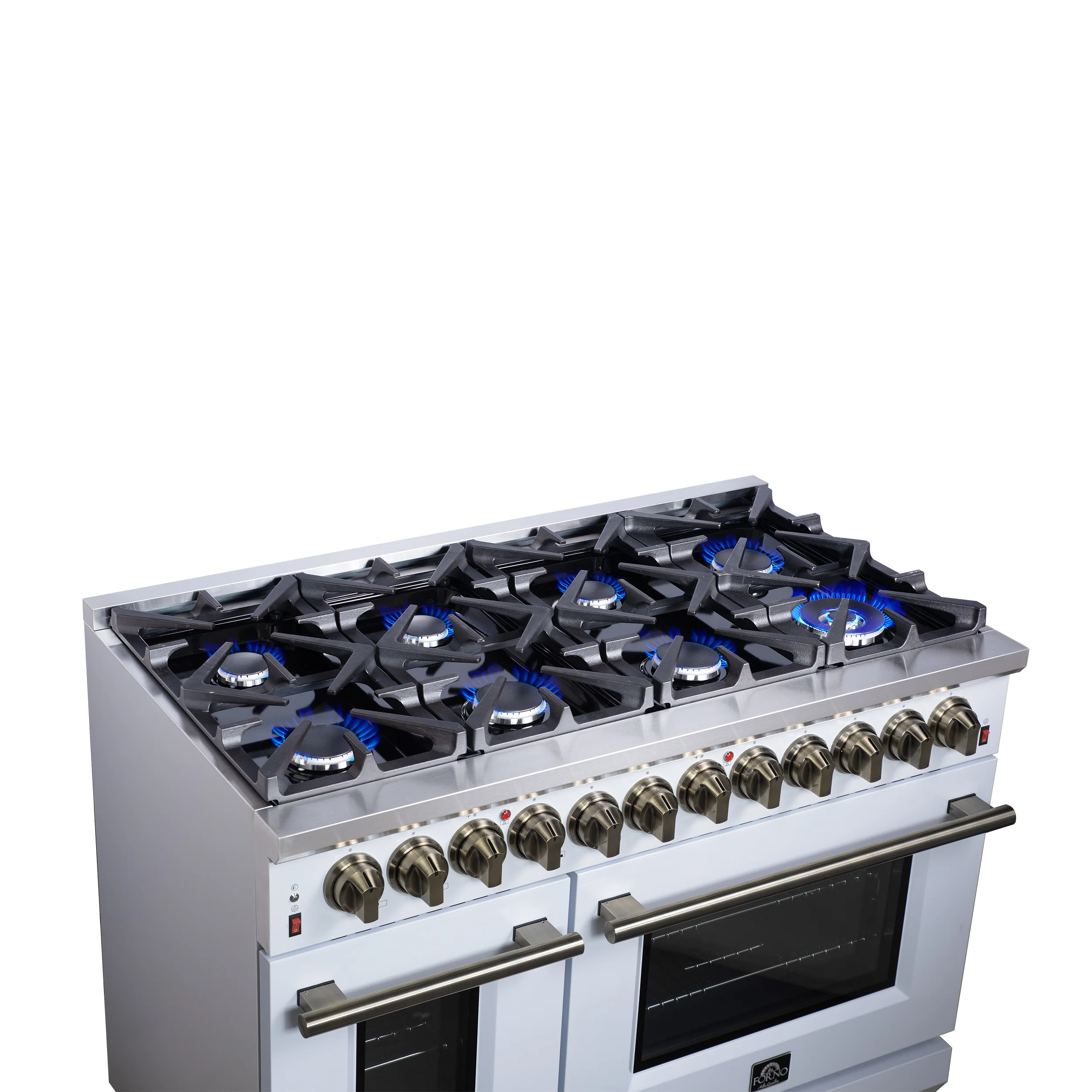 Forno Massimo 48 Inch Freestanding Dual Fuel Range in White with Antique Brass Accessories, 8 Burners, 6.58 cu. ft. Convection Oven - Image 12