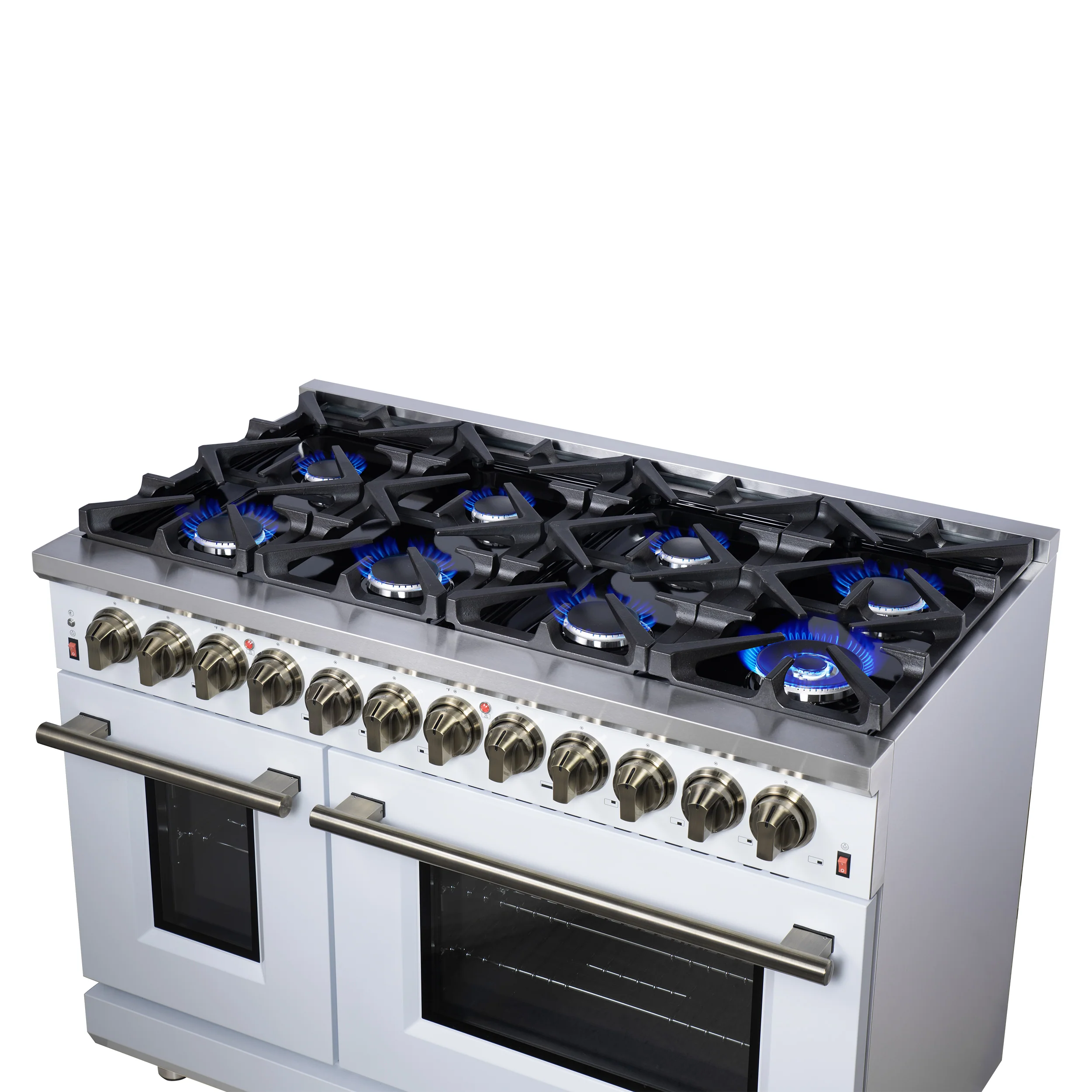 Forno Massimo 48 Inch Freestanding Dual Fuel Range in White with Antique Brass Accessories, 8 Burners, 6.58 cu. ft. Convection Oven - Image 13