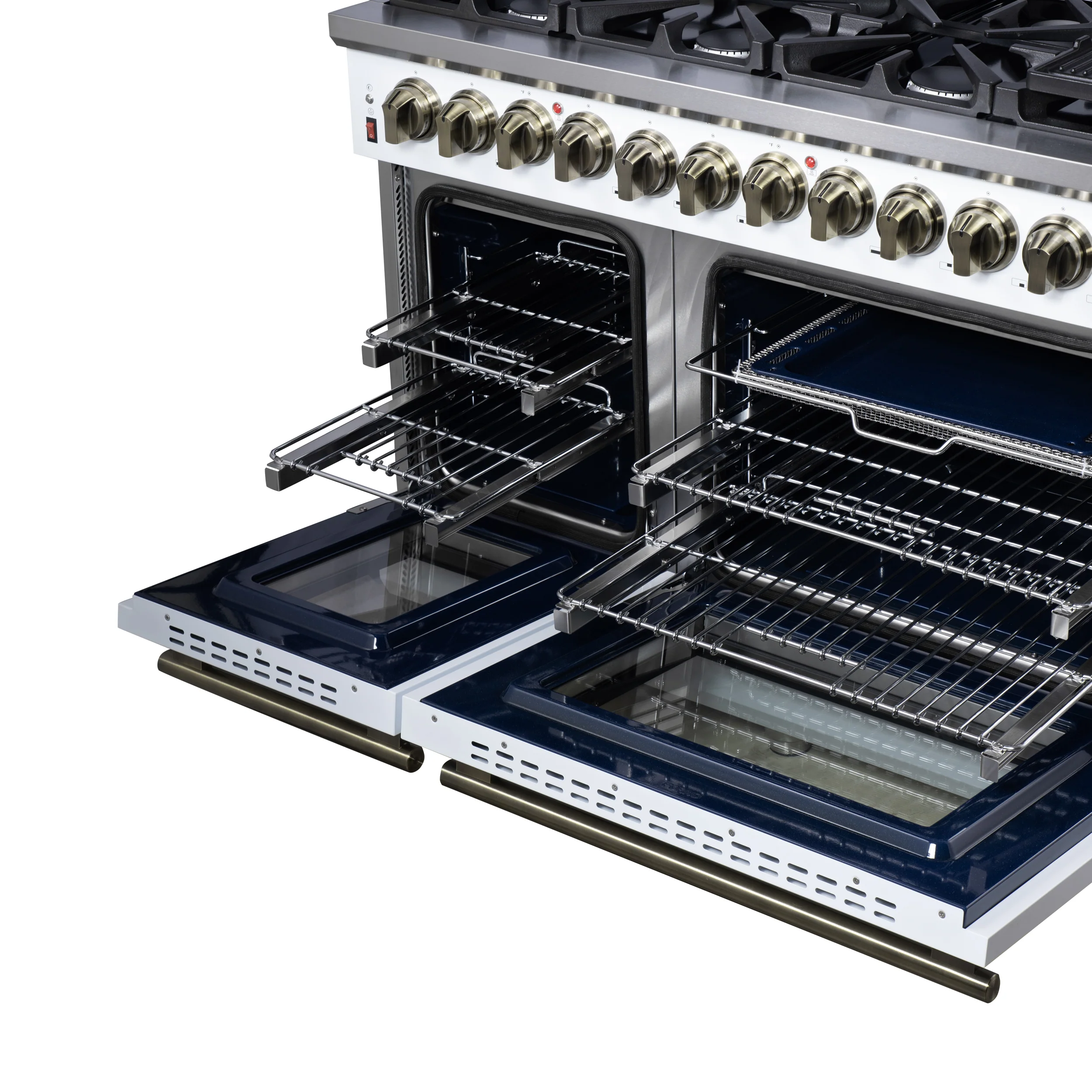 Forno Massimo 48 Inch Freestanding Dual Fuel Range in White with Antique Brass Accessories, 8 Burners, 6.58 cu. ft. Convection Oven - Image 14