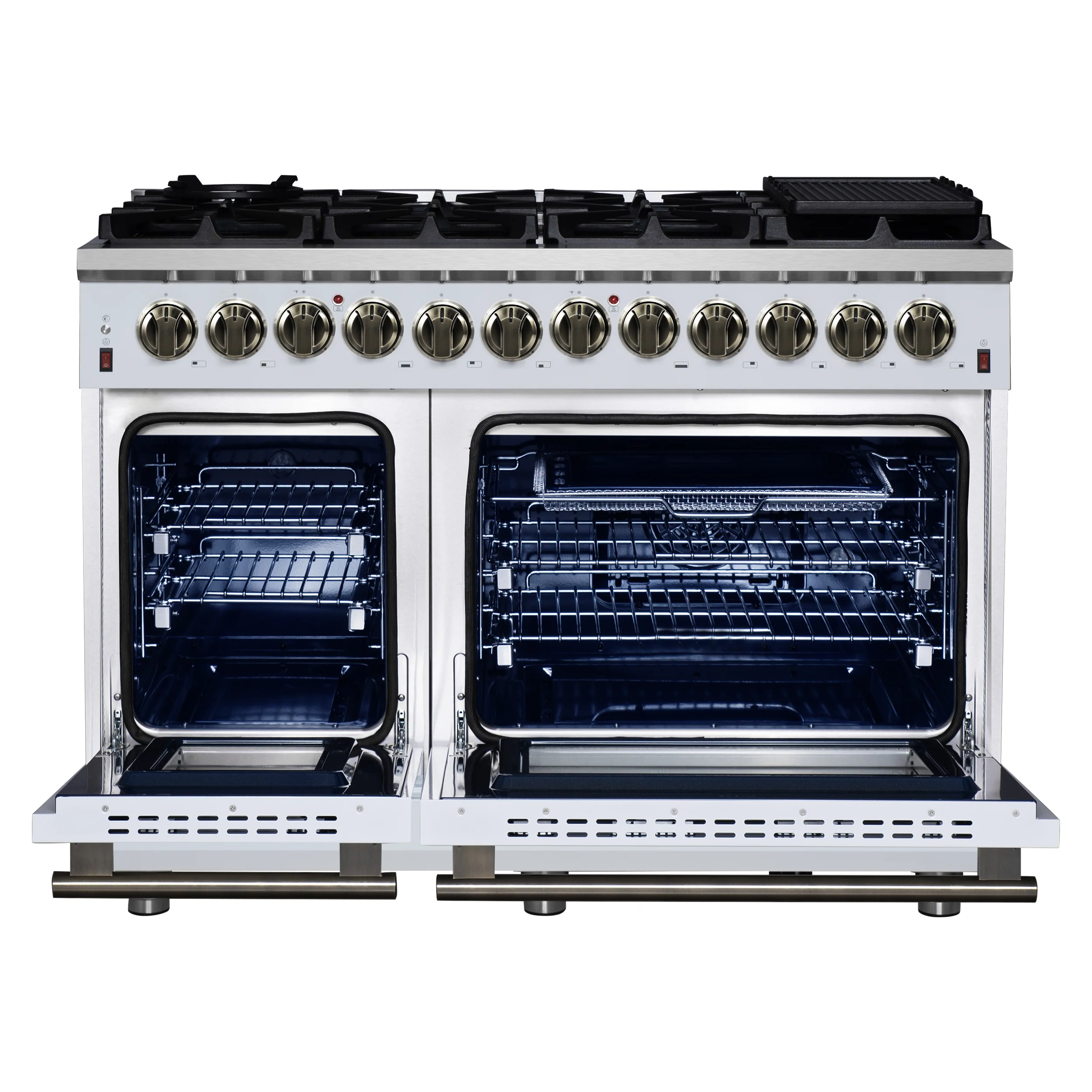 Forno Massimo 48 Inch Freestanding Dual Fuel Range in White with Antique Brass Accessories, 8 Burners, 6.58 cu. ft. Convection Oven - Image 2