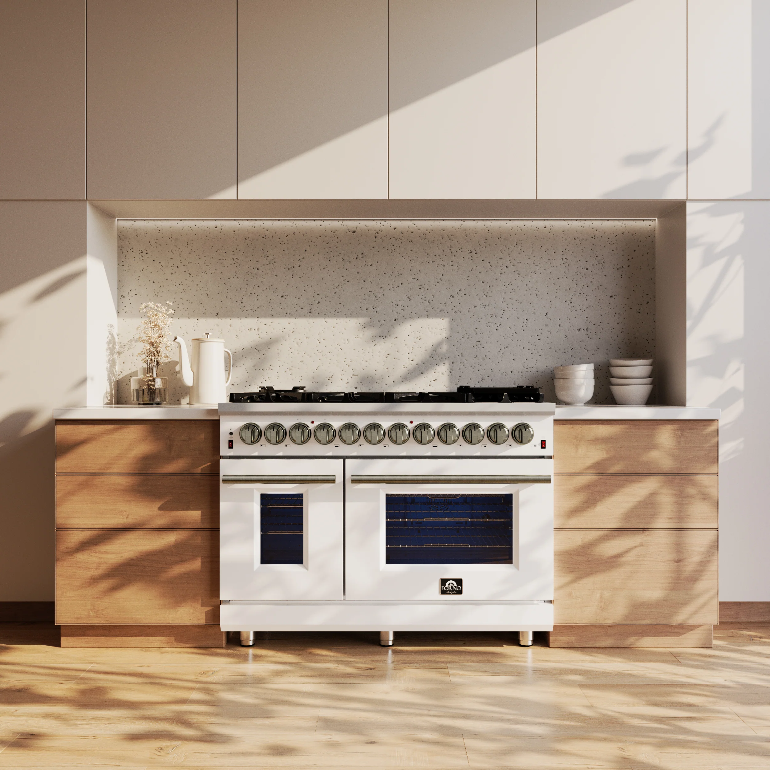 Forno Massimo 48 Inch Freestanding Dual Fuel Range in White with Antique Brass Accessories, 8 Burners, 6.58 cu. ft. Convection Oven - Image 21