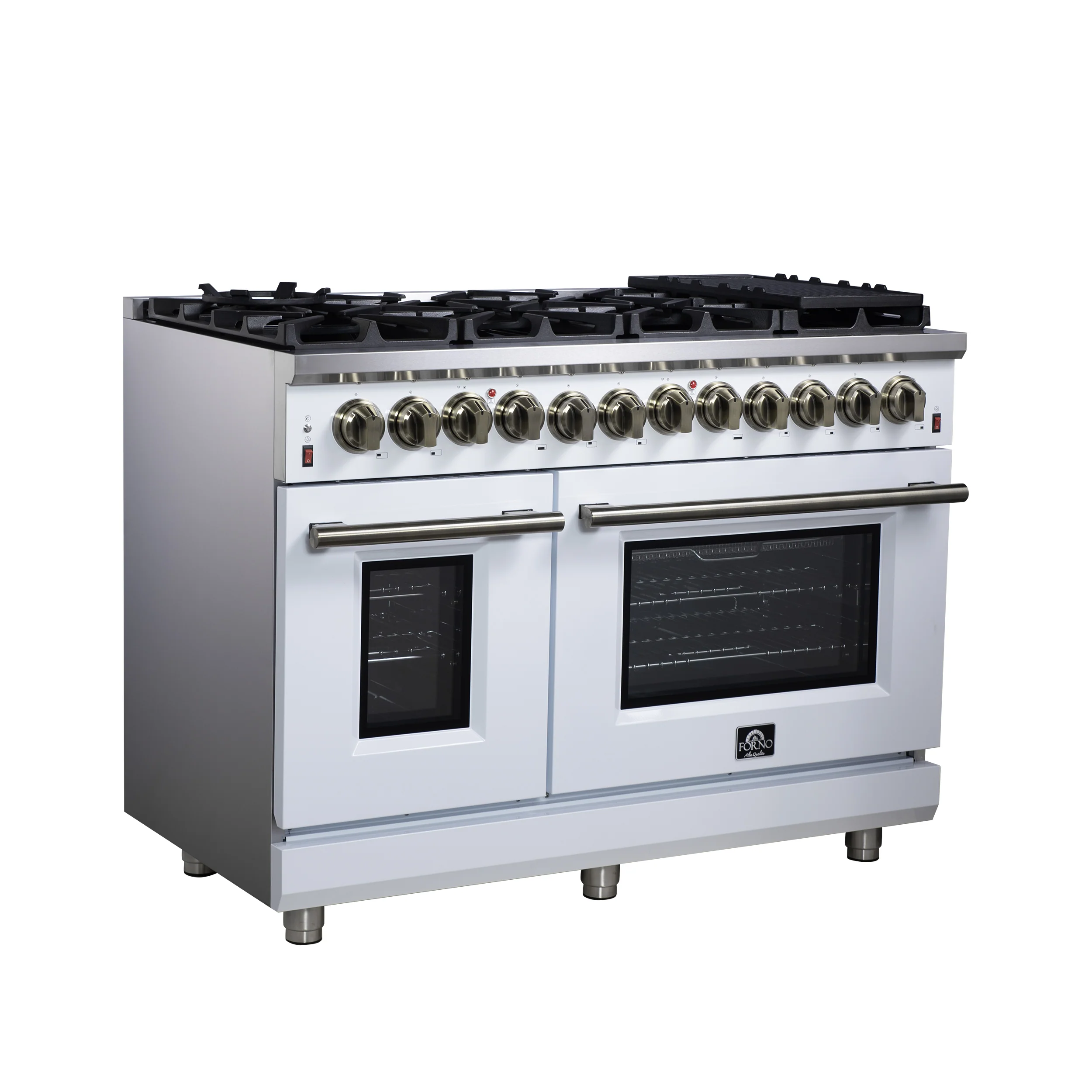 Forno Massimo 48 Inch Freestanding Dual Fuel Range in White with Antique Brass Accessories, 8 Burners, 6.58 cu. ft. Convection Oven - Image 3
