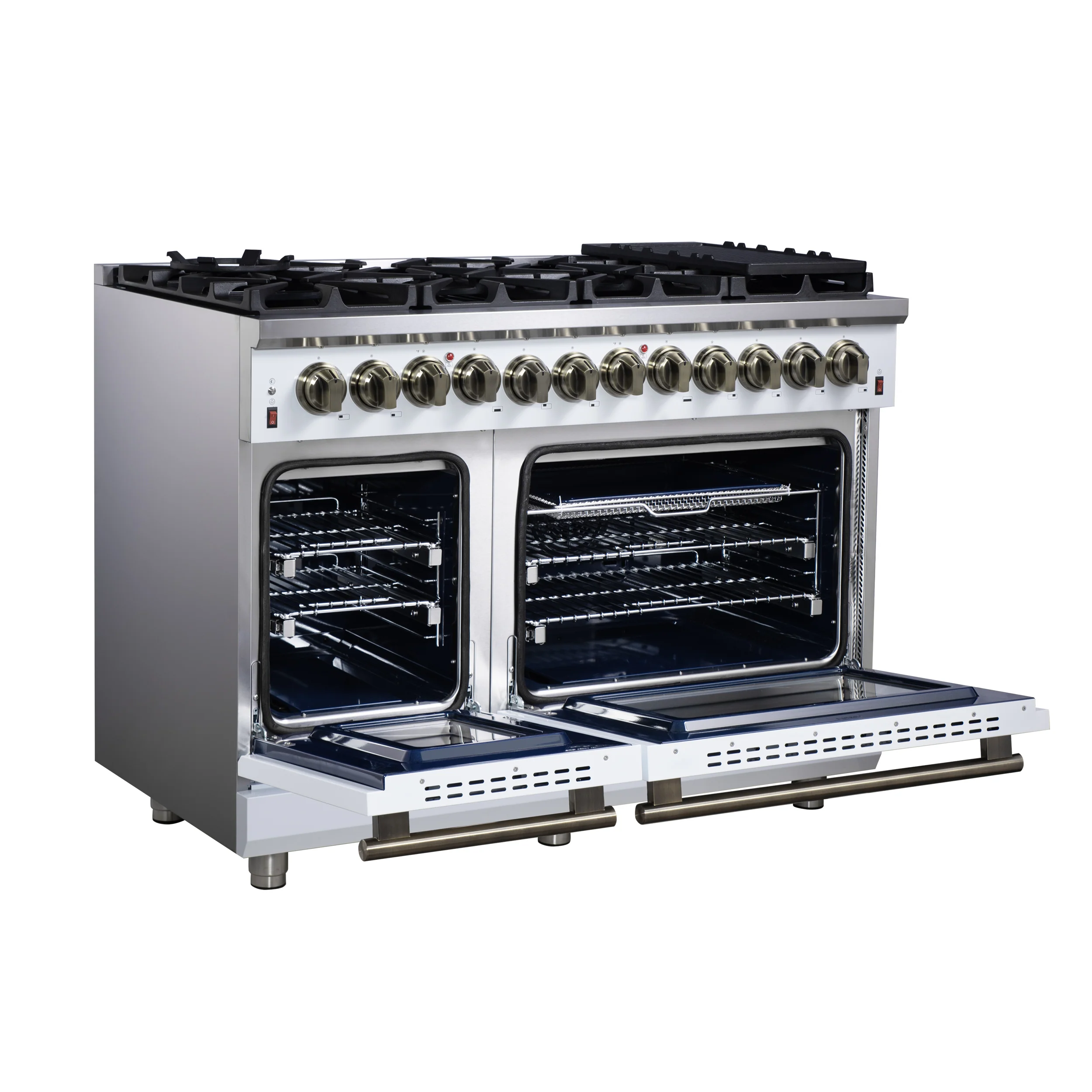 Forno Massimo 48 Inch Freestanding Dual Fuel Range in White with Antique Brass Accessories, 8 Burners, 6.58 cu. ft. Convection Oven - Image 4
