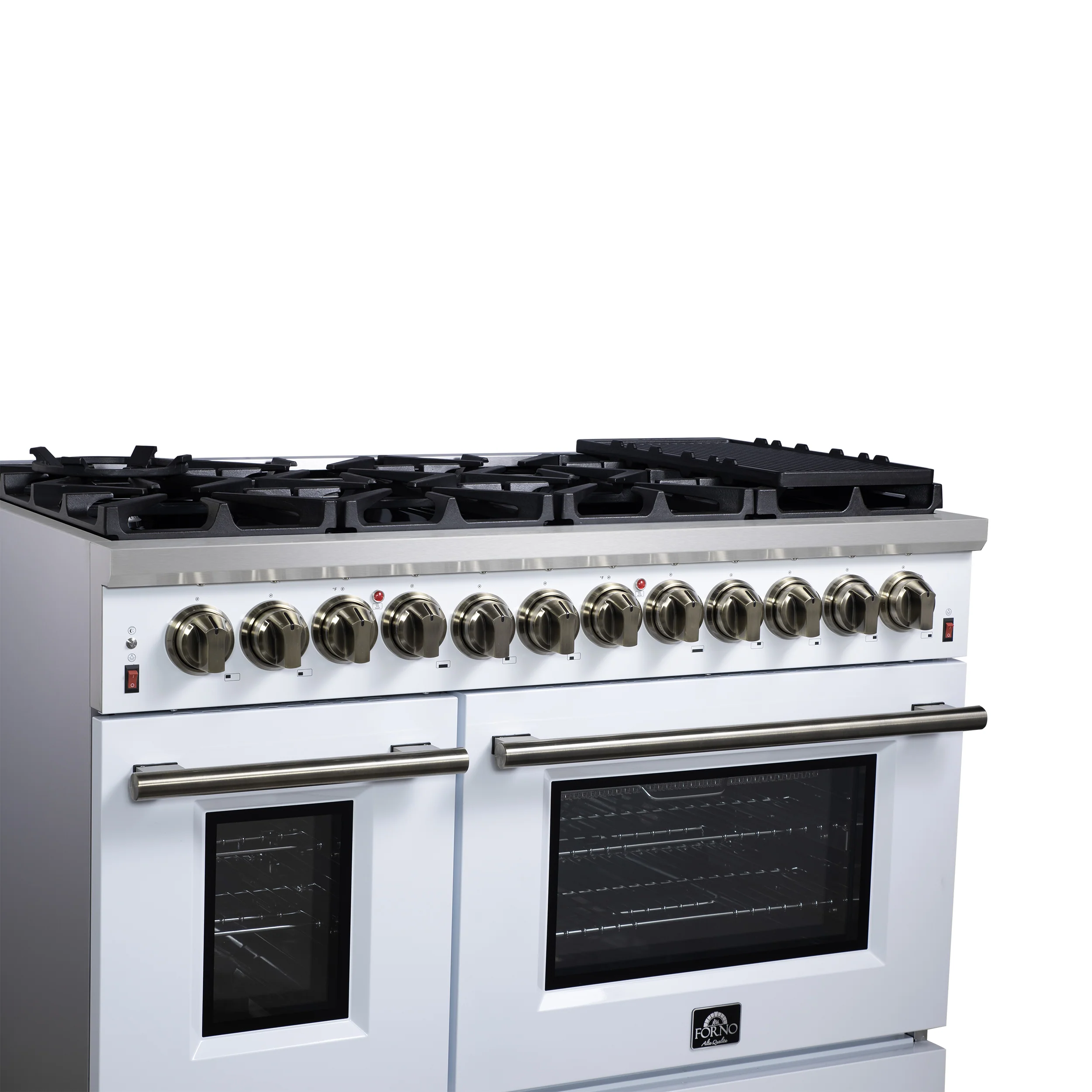 Forno Massimo 48 Inch Freestanding Dual Fuel Range in White with Antique Brass Accessories, 8 Burners, 6.58 cu. ft. Convection Oven - Image 5