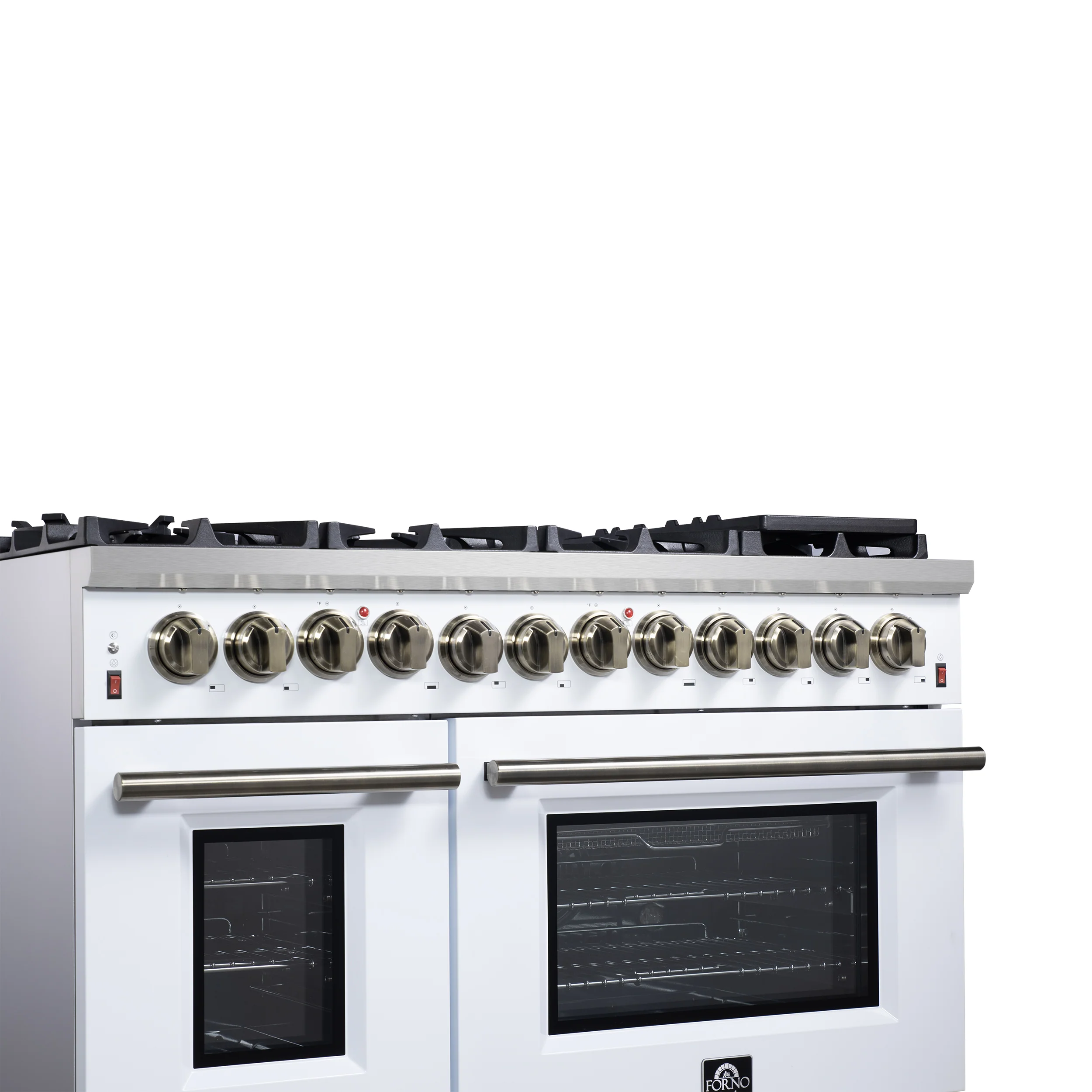 Forno Massimo 48 Inch Freestanding Dual Fuel Range in White with Antique Brass Accessories, 8 Burners, 6.58 cu. ft. Convection Oven - Image 6