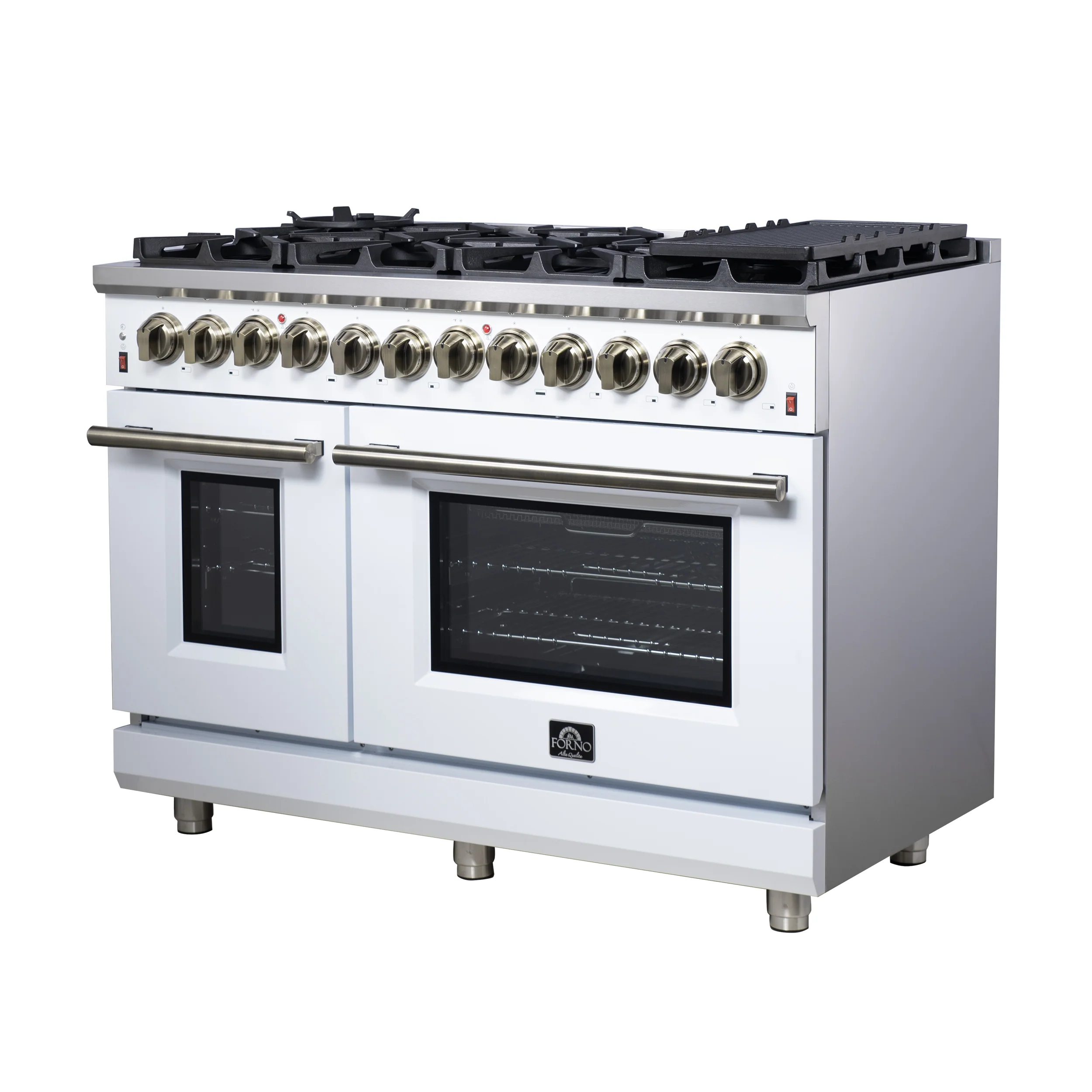 Forno Massimo 48 Inch Freestanding Dual Fuel Range in White with Antique Brass Accessories, 8 Burners, 6.58 cu. ft. Convection Oven - Image 7