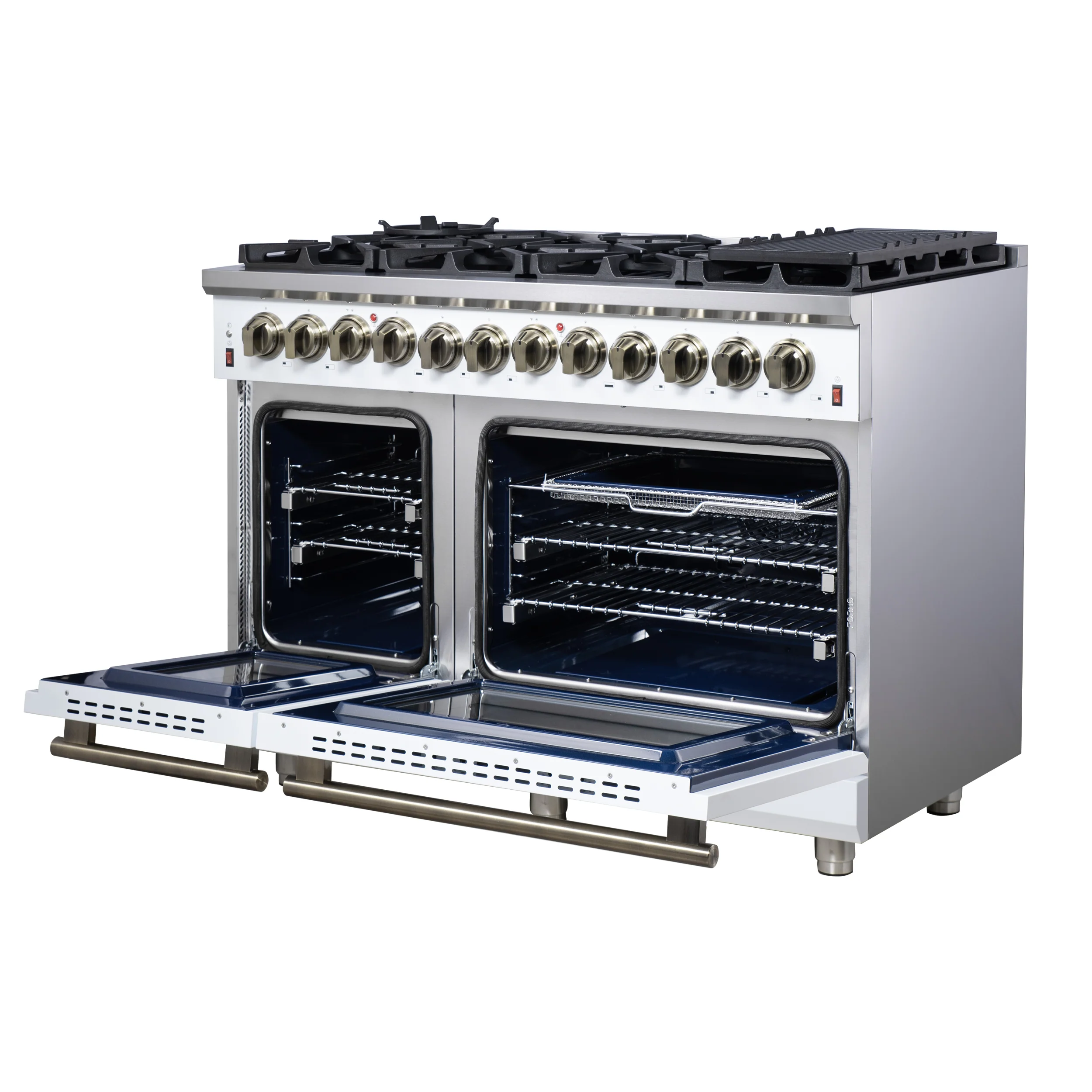 Forno Massimo 48 Inch Freestanding Dual Fuel Range in White with Antique Brass Accessories, 8 Burners, 6.58 cu. ft. Convection Oven - Image 8