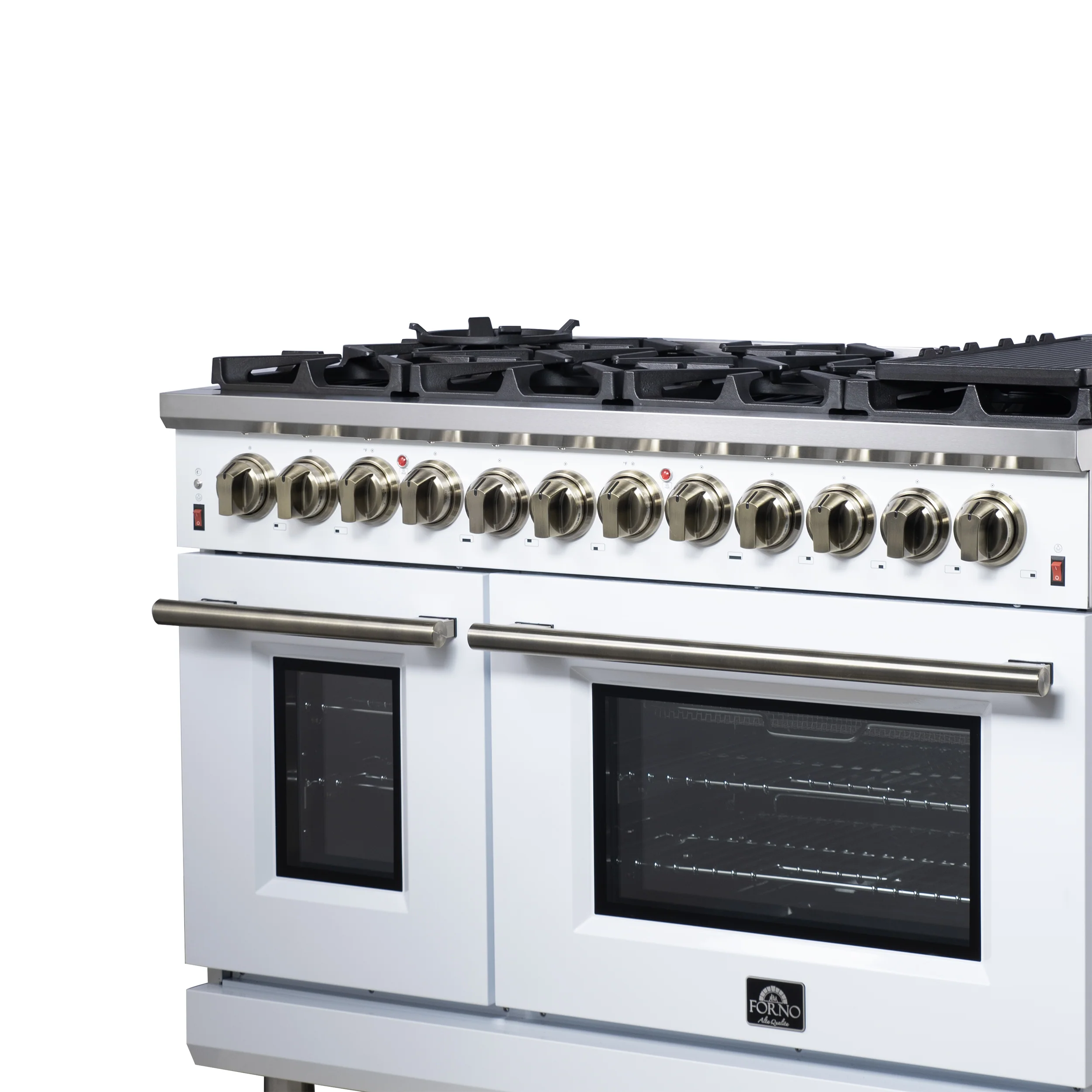 Forno Massimo 48 Inch Freestanding Dual Fuel Range in White with Antique Brass Accessories, 8 Burners, 6.58 cu. ft. Convection Oven - Image 9
