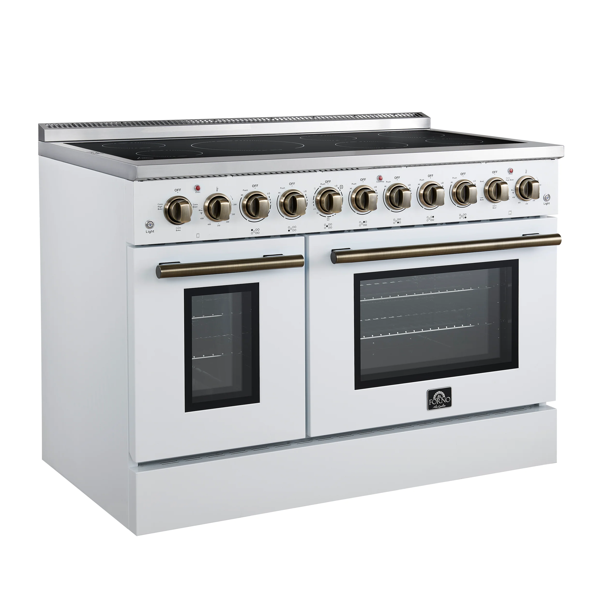 Forno Paolo 48 Inch Freestanding Electric Range in White with Antique Brass, 6.7 cu.ft, True Convection Oven, Energy Efficient - Image 3