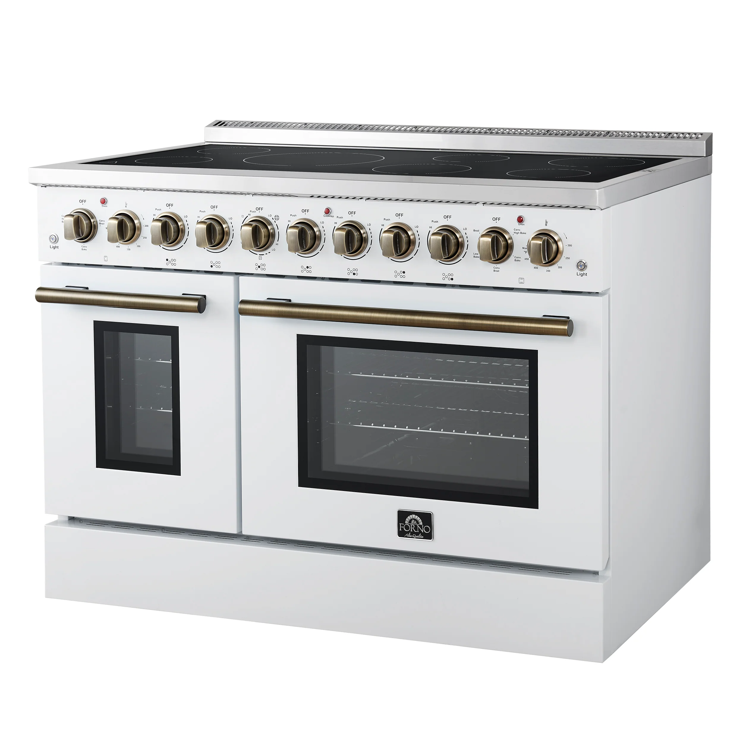 Forno Paolo 48 Inch Freestanding Electric Range in White with Antique Brass, 6.7 cu.ft, True Convection Oven, Energy Efficient - Image 5