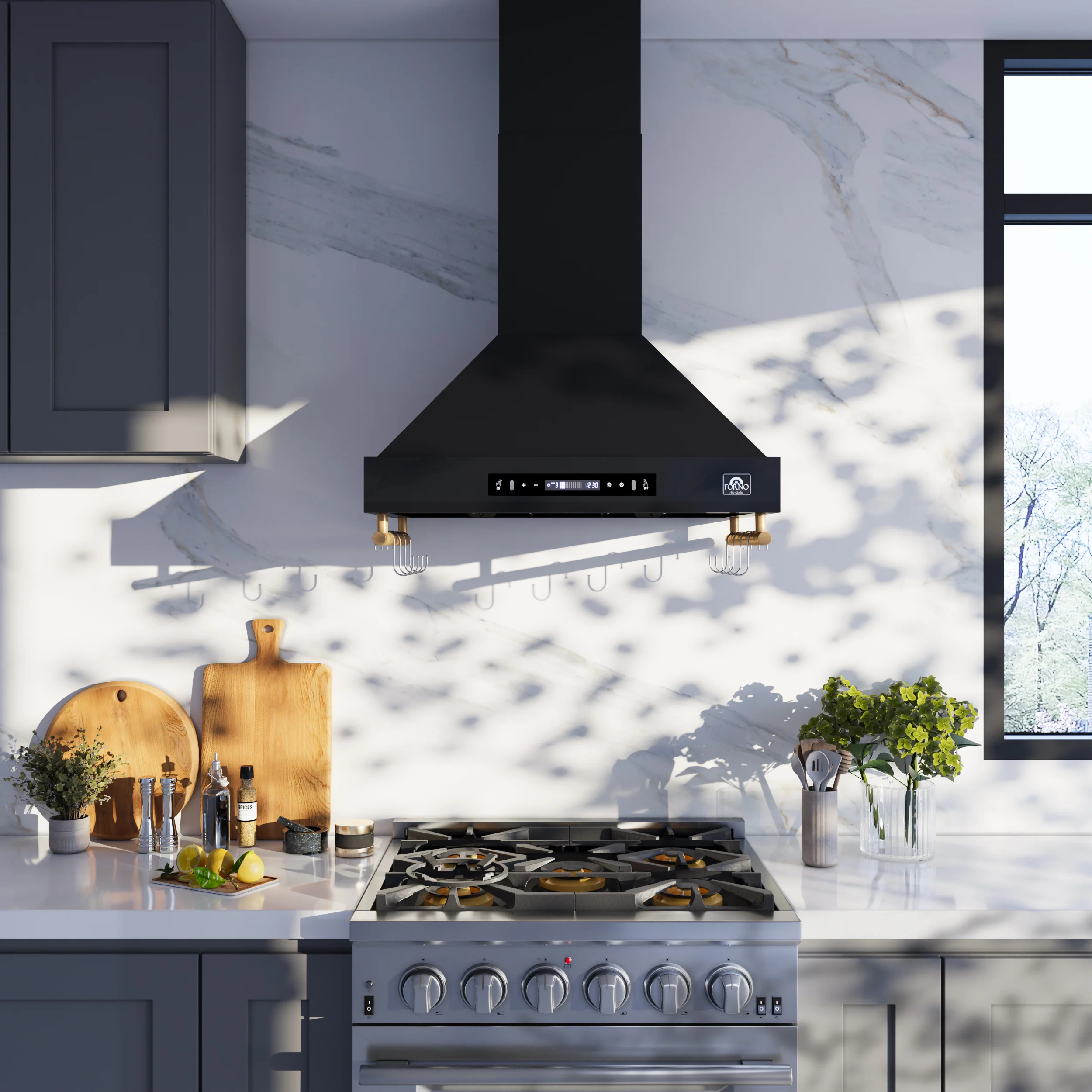 Forno Venezia 30 Inch Wall-Mounted Range Hood in Black with Touch Controls and Baffle Filters - Image 11