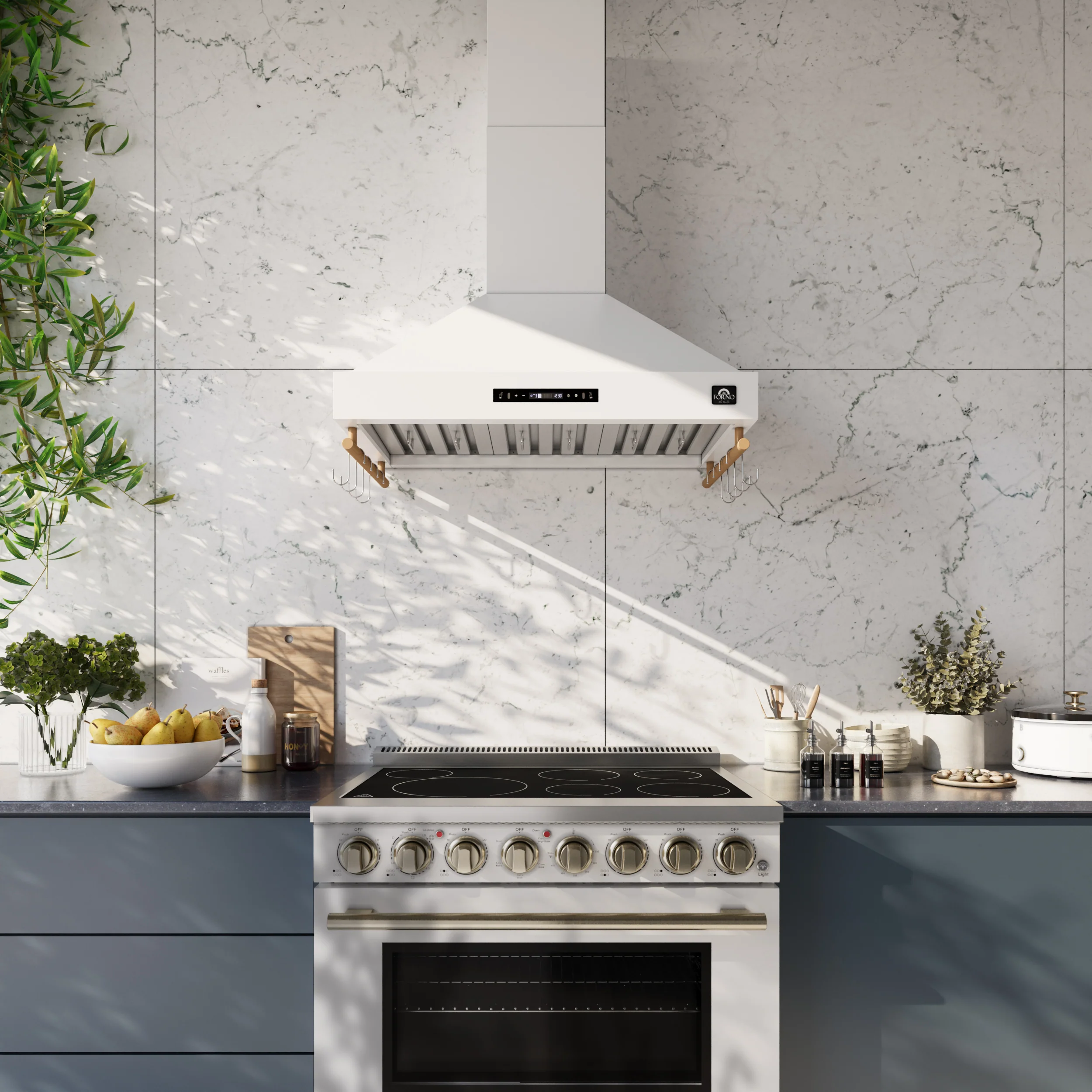 Forno Venezia 36 Inch Wall-Mounted Range Hood in White with Touch Controls and Baffle Filters - Image 11