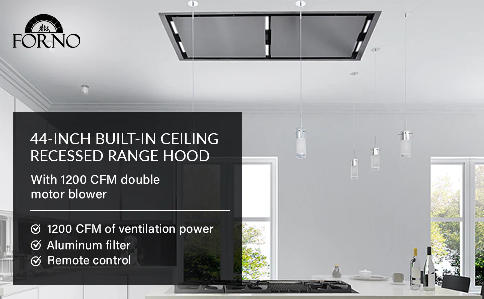FORNO Arezzo 44-Inch Recessed Ceiling Range Hood, Dual Motors, 1200 CFM, Hybrid Filters, Remote Control - Image 15