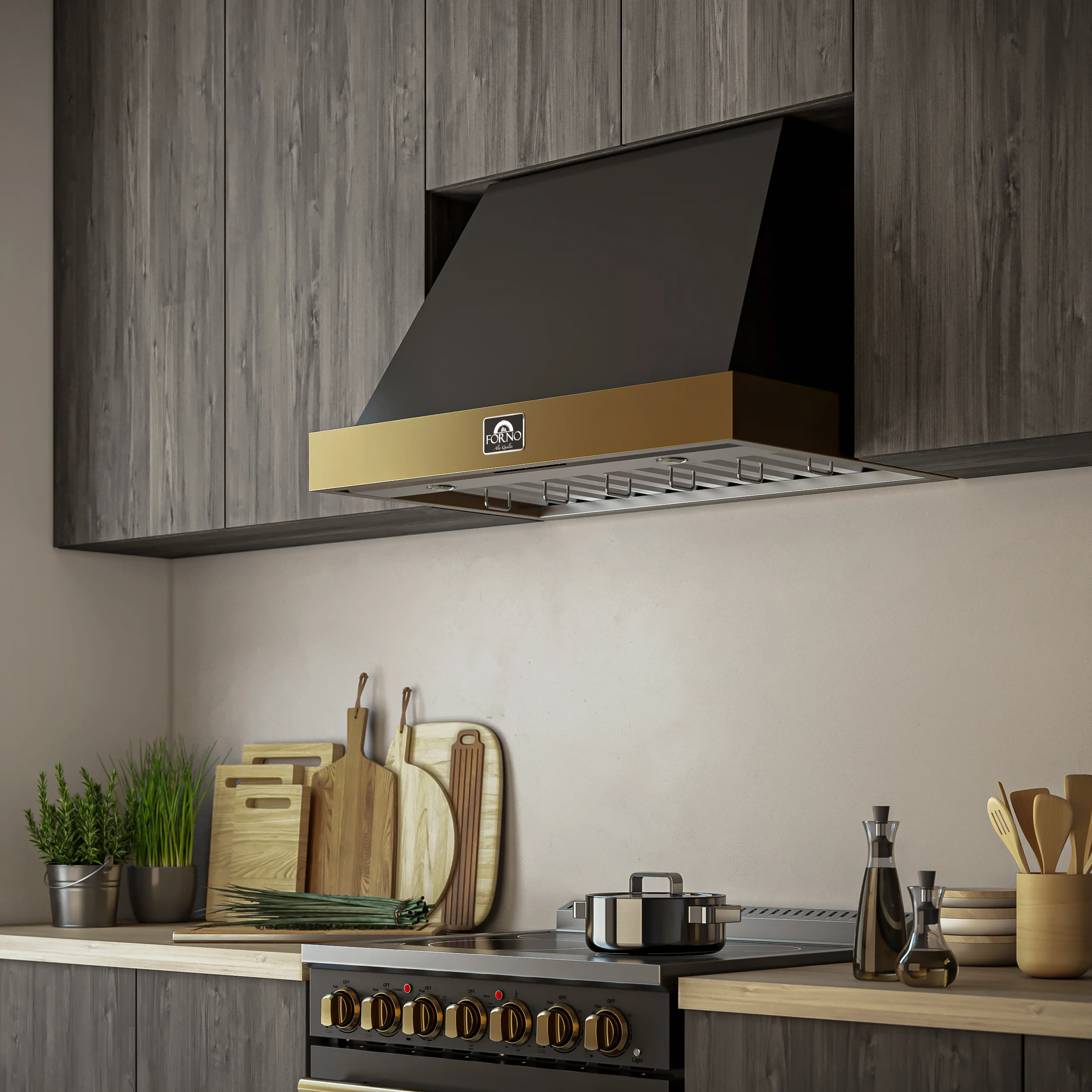 Forno Vittorio 36-Inch Wall Mount Range Hood, Black with Antique Brass Trim, 424 CFM Airflow, Dishwasher-Safe Baffle Filters, Remote Control, 3-Speed Fan, Bright LED Lighting. - Image 11