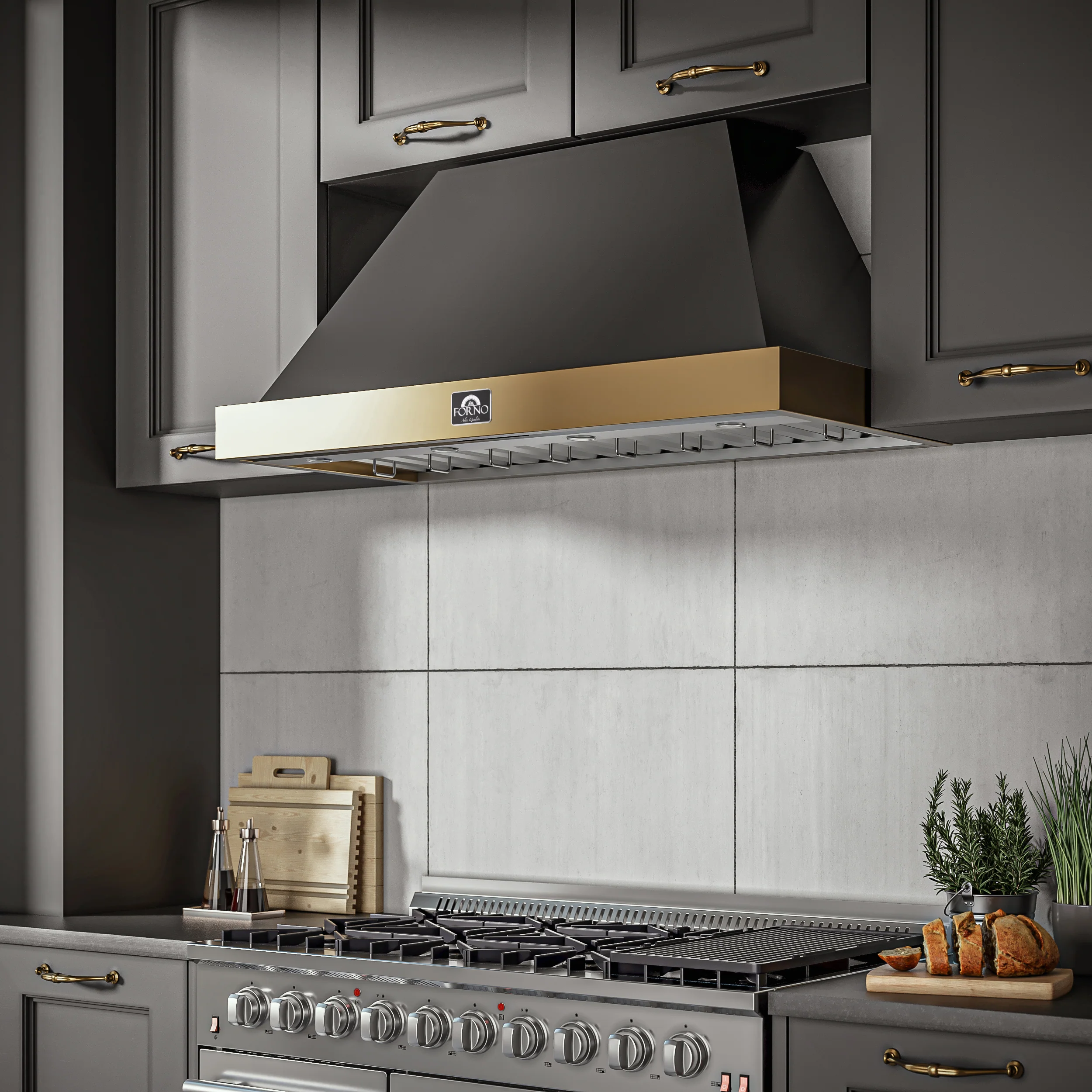 Forno Vittorio 48-Inch Wall Mount Range Hood, Black with Antique Brass Trim, 424 CFM Airflow, Dishwasher-Safe Baffle Filters, Remote Control, 3-Speed Fan, Bright LED Lighting. - Image 12