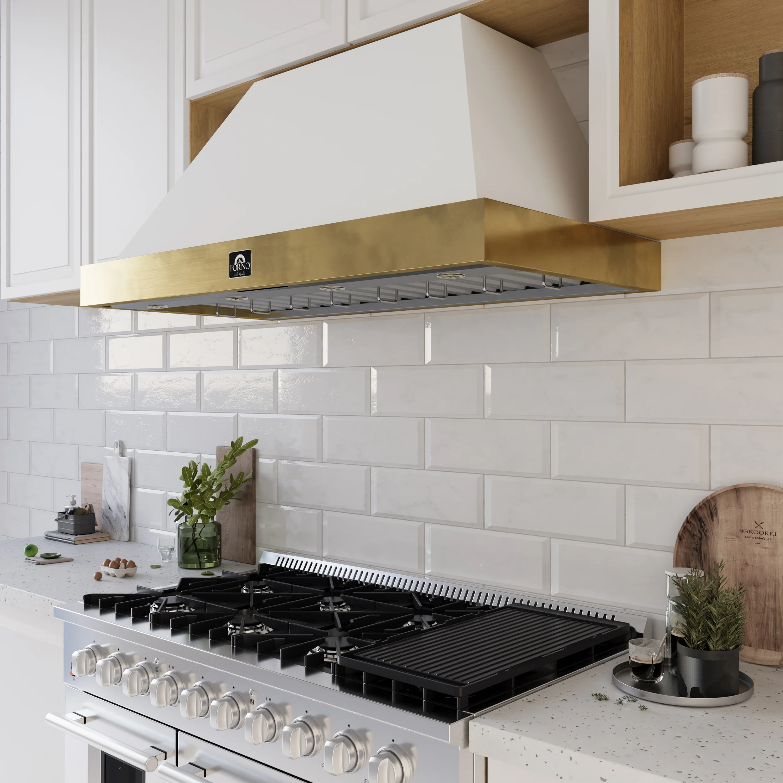 Forno Vittorio 48-Inch Wall Mount Range Hood, White with Antique Brass Trim, 424 CFM Airflow, Dishwasher-Safe Baffle Filters, Remote Control, 3-Speed Fan, Bright LED Lighting - Image 12