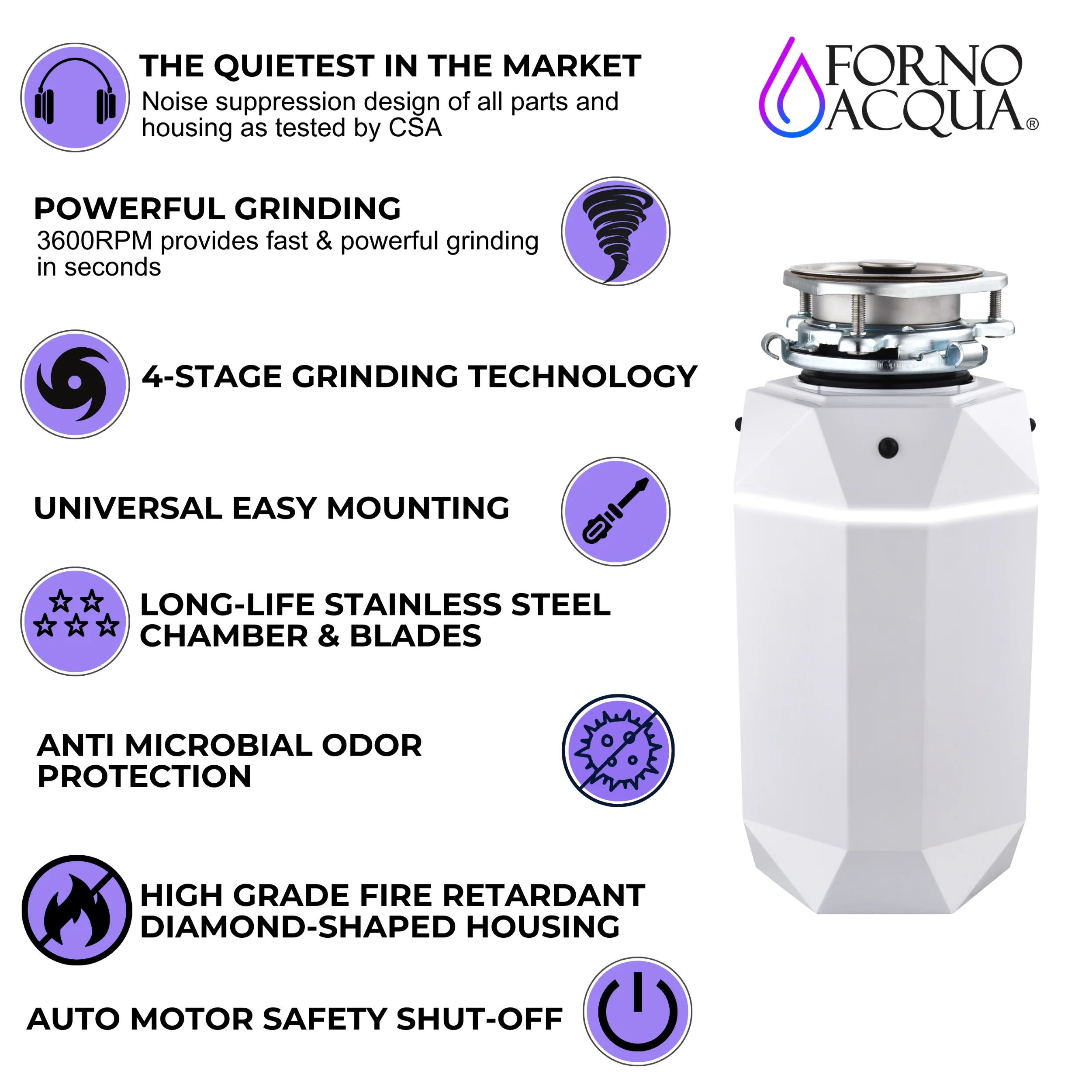 FORNO ACQUA BrightDIAMOND Moonstone 3/4HP Super Quiet Garbage Disposal Corded with Motion Sensor Cabinet Light & Pre-Wired Air Switch - Image 6