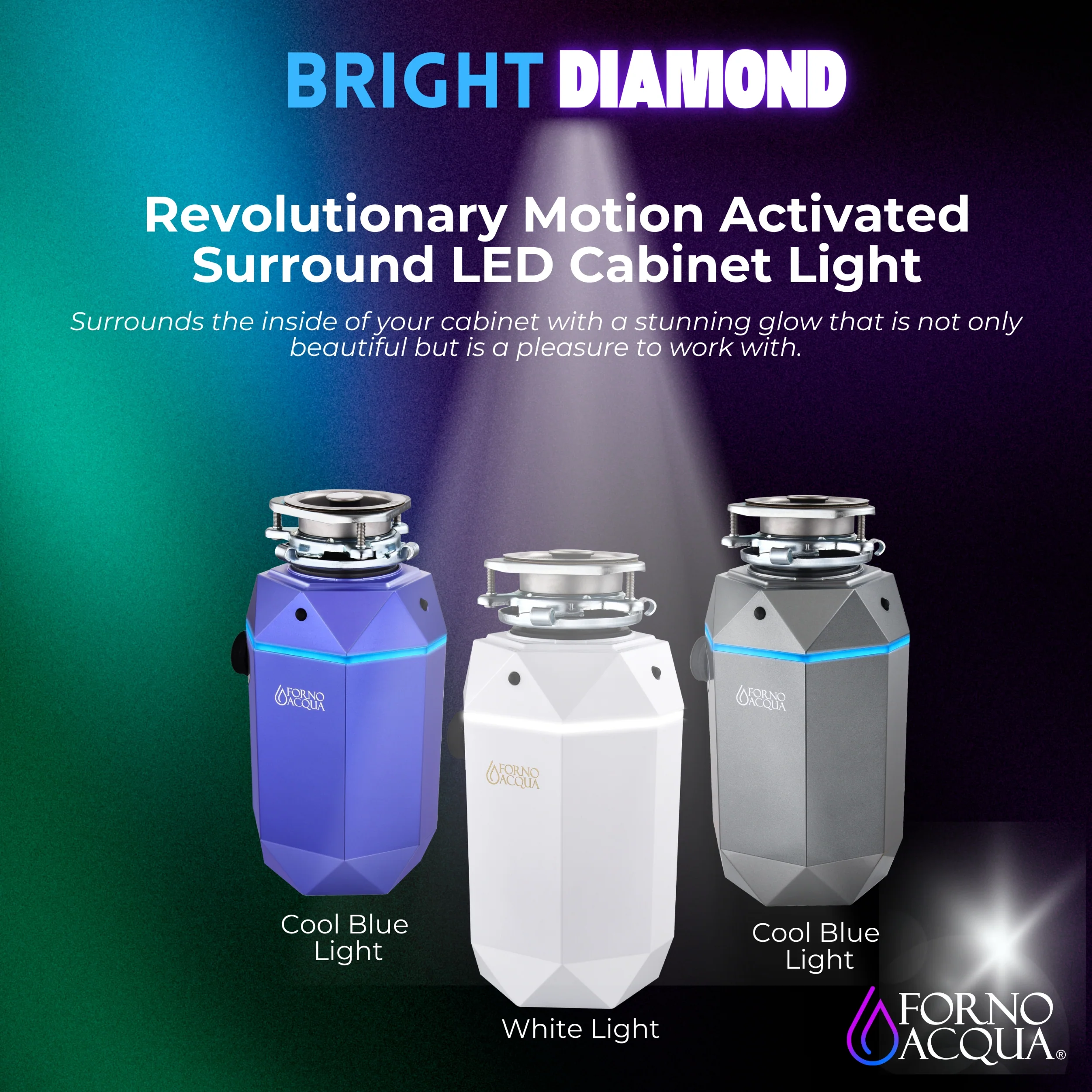 FORNO ACQUA BrightDIAMOND Amethyst 1HP Super Quiet Garbage Disposal Corded with Motion Sensor Cabinet Light & Pre-Wired Air Switch - Image 4