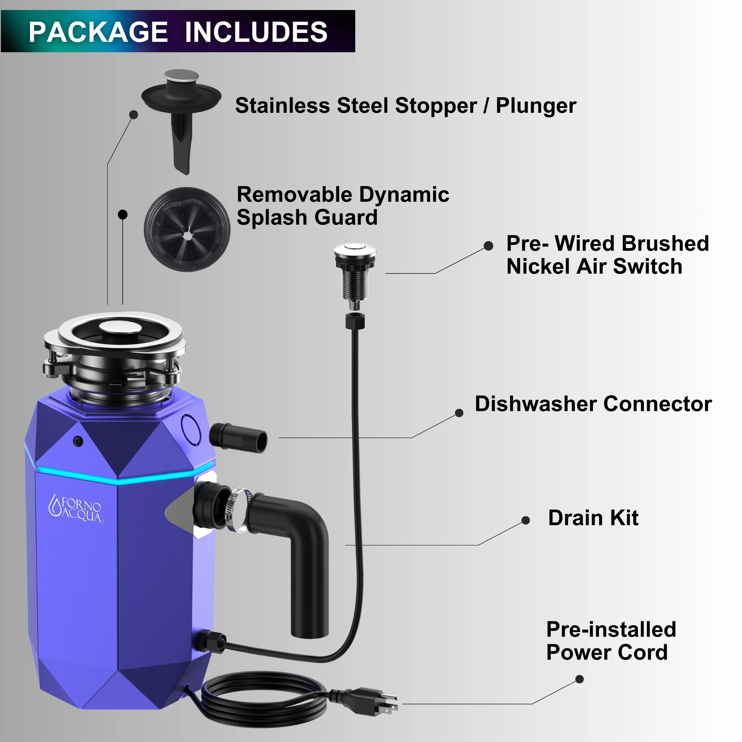 FORNO ACQUA BrightDIAMOND Amethyst 1HP Super Quiet Garbage Disposal Corded with Motion Sensor Cabinet Light & Pre-Wired Air Switch - Image 7