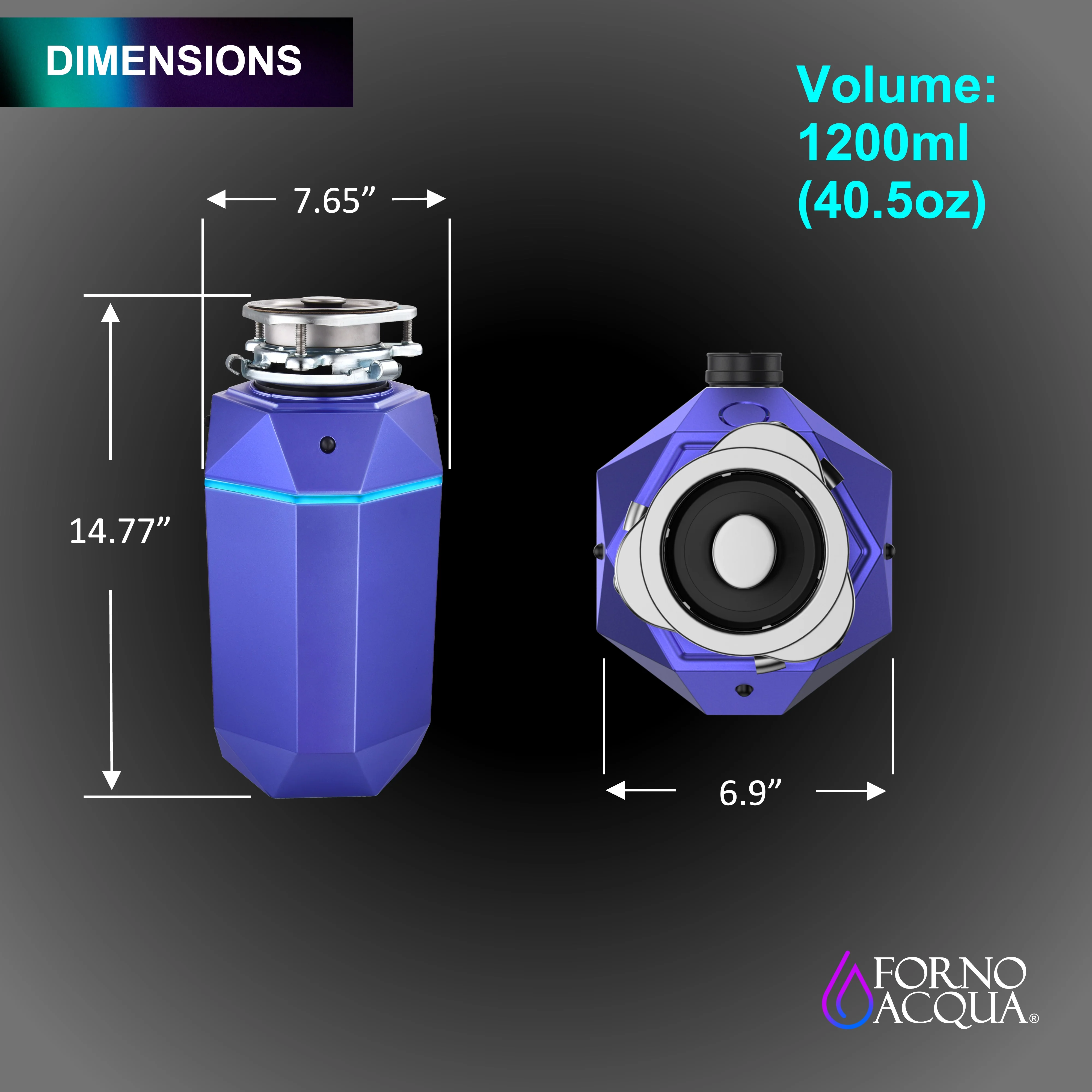 FORNO ACQUA BrightDIAMOND Amethyst 1HP Super Quiet Garbage Disposal Corded with Motion Sensor Cabinet Light & Pre-Wired Air Switch - Image 8